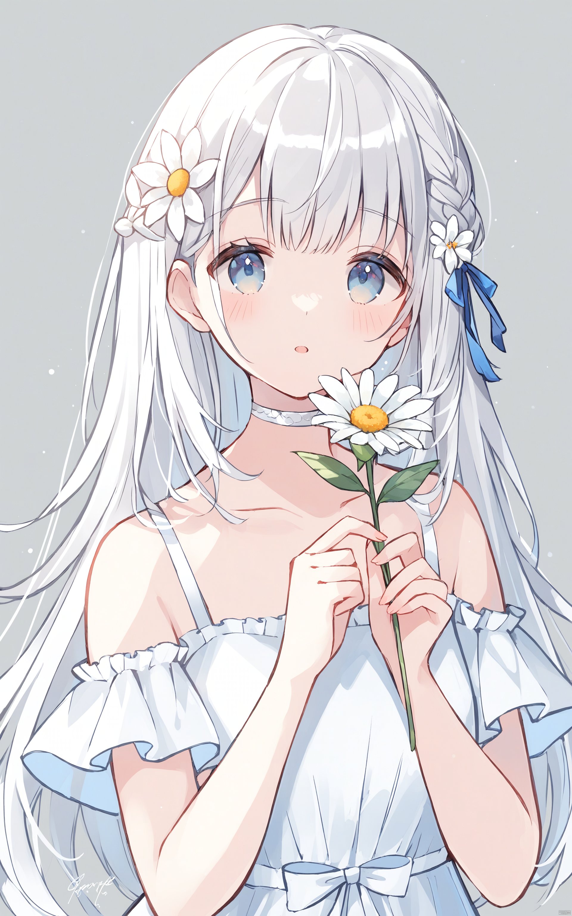 1girl, flower, solo, holding flower, holding, hair ornament, dress, long hair, looking at viewer, white flower, braid, upper body, white dress, grey background, choker, blush, parted lips, signature, bangs, white hair, blue eyes, collarbone