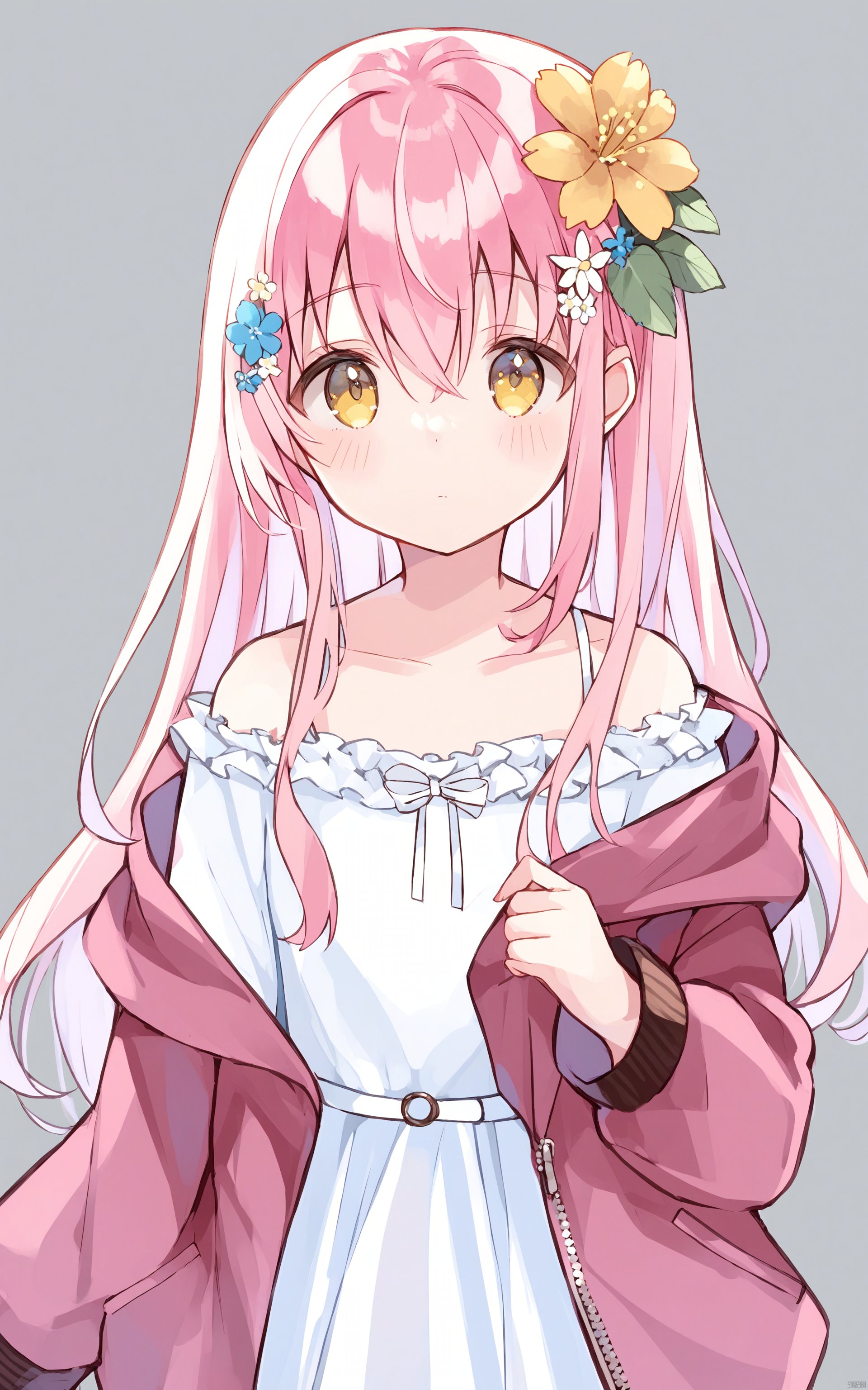 1girl, solo, dress, pink hair, white dress, long hair, hair flower, flower, hair ornament, looking at viewer, yellow eyes, bangs, closed mouth, blush, long sleeves, simple background, yellow flower, jacket, bow, off shoulder, open clothes, hair between eyes, open jacket