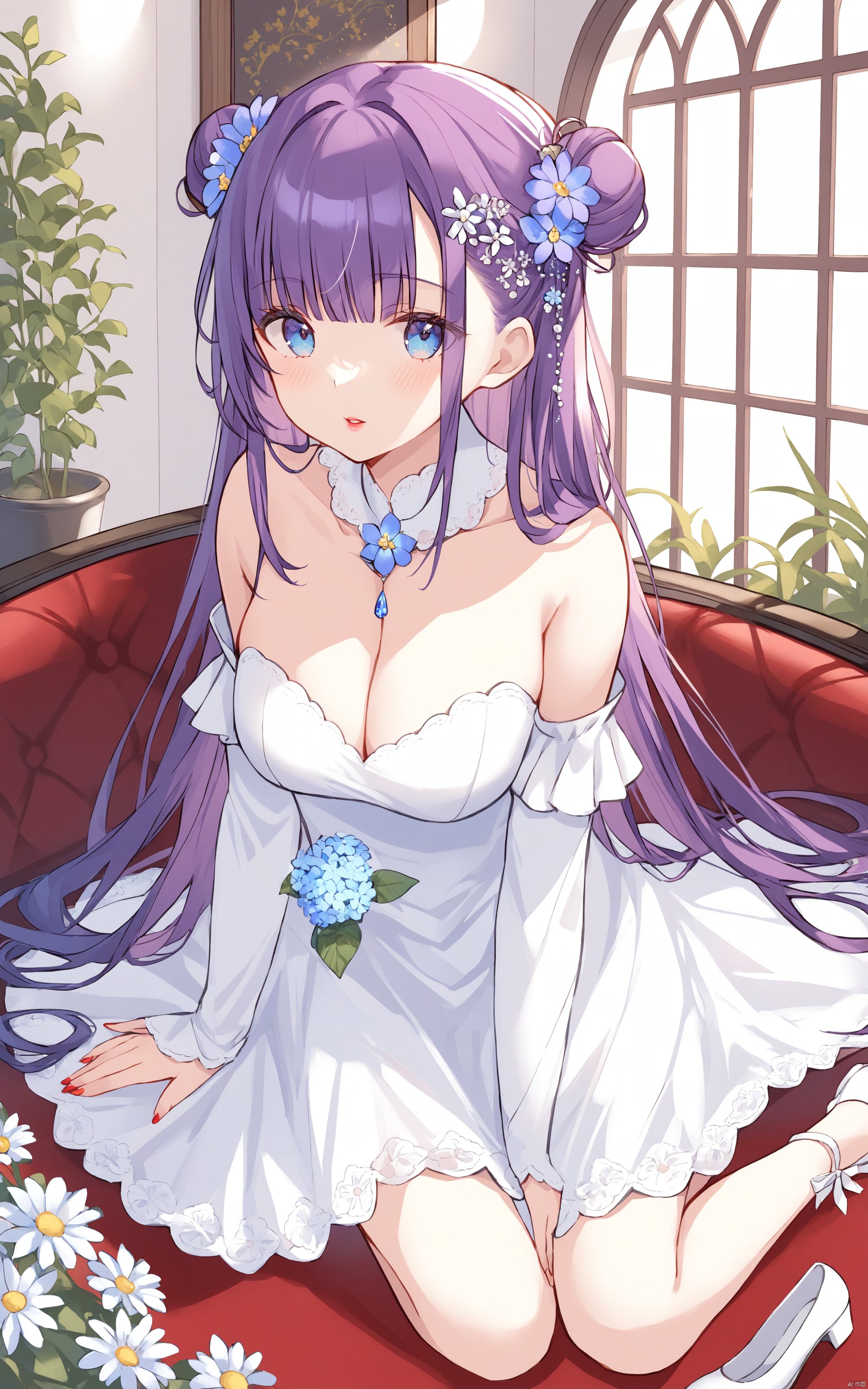 1girl, solo, long hair, breasts, looking at viewer, bangs, blue eyes, hair ornament, dress, cleavage, purple hair, flower, detached sleeves, indoors, hair bun, white dress, double bun, white footwear, red lips