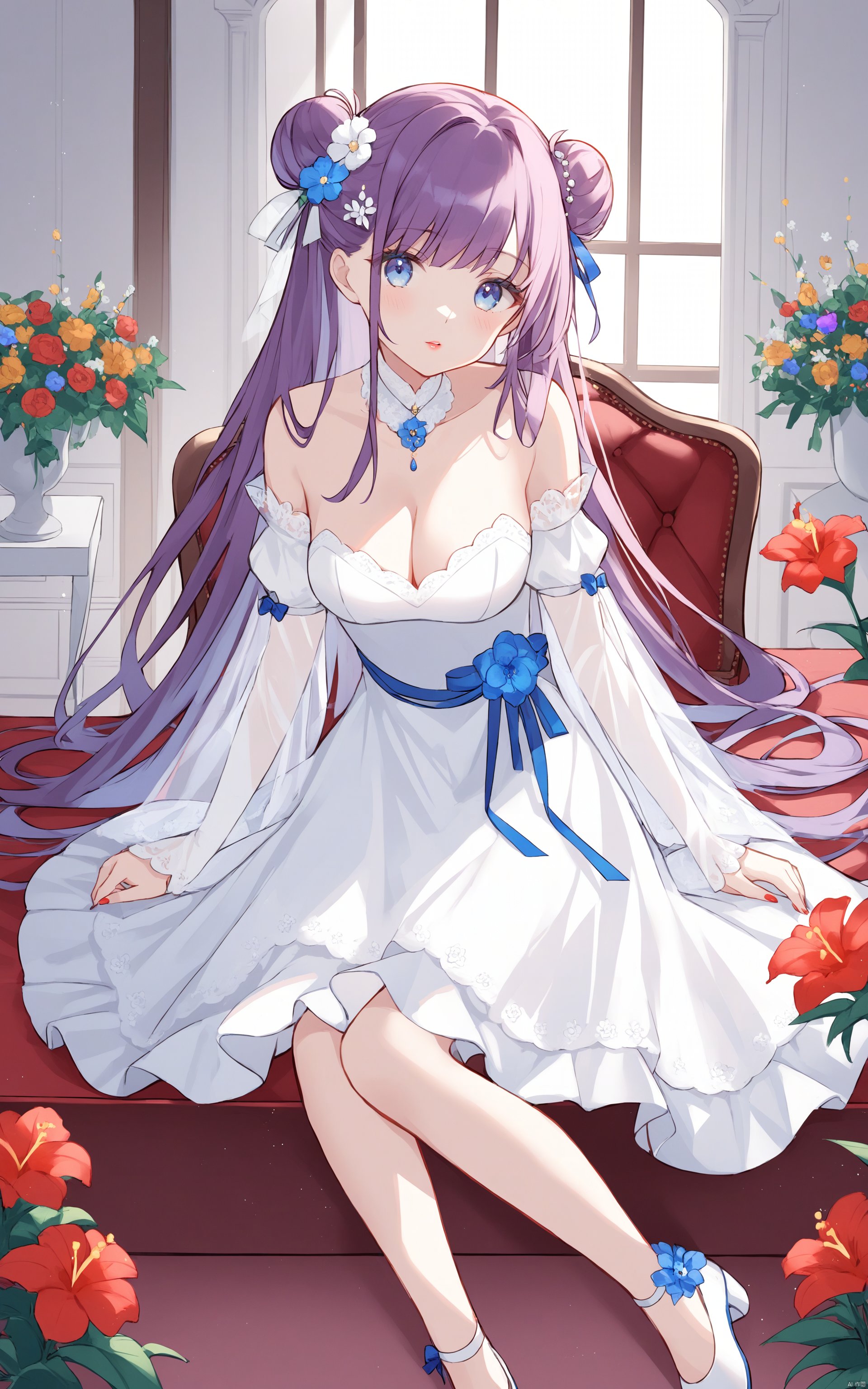 1girl, solo, long hair, breasts, looking at viewer, bangs, blue eyes, hair ornament, dress, cleavage, purple hair, flower, detached sleeves, indoors, hair bun, white dress, double bun, white footwear, red lips