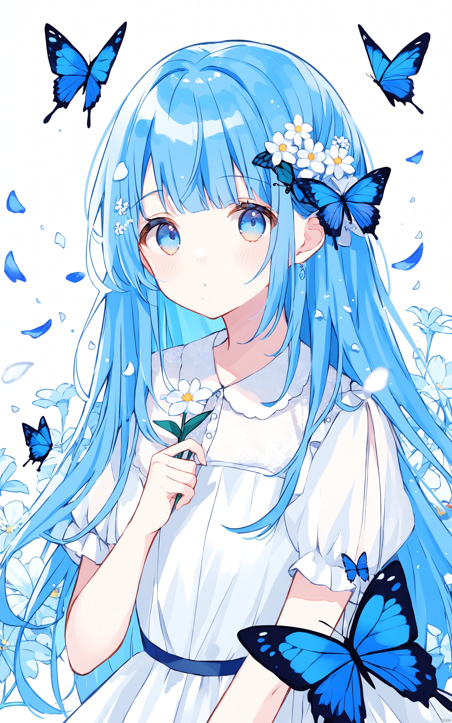 1girl, solo, long hair, flower, bug, butterfly, hair ornament, dress, hair flower, blue eyes, blue hair, petals, looking at viewer, blue butterfly, white dress, white background, short sleeves, blue flower, bangs, simple background