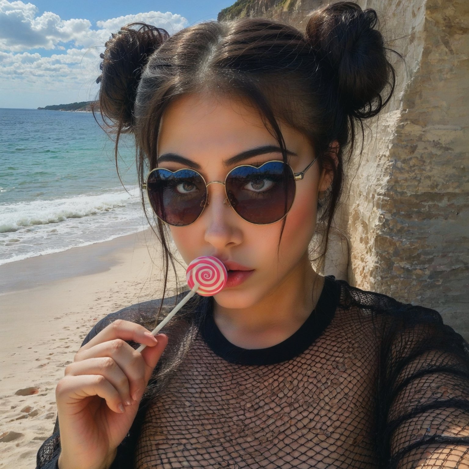 real, realistic, cinematic, source_photo, close-up, S4r4, frontal view, double buns, space buns, holding a lollipop, lollipop in mouth, long sleeve hot pink fishnet top, layered over black bikini top, outdoor, Beach, heart sunglasses

"large eyes", "even eyes", "aligned eyes", "correct proportions", "perfect anatomy", "natural pose", "proper angles", "accurate perspective", "facial symmetry", "straight limbs", "regular features", "well-proportioned body", "balanced perspective", "proportionate features", "natural anatomy", "straight limbs", "straight body parts", "aligned features", "even eyes", "normal proportions", "accurate perspective", "anatomical accuracy", "balanced proportions", "accurate perspective", "proper alignment", "well-defined features", "aligned perspective", "correct anatomy", "balanced features", "natural proportions",

"natural poses", "proper proportions", "matched eyes", "high resolution", "clear image", "straight limbs", "natural stretches", "smooth features", "aligned eyes", "high clarity", "sharp details", "clean edges", "accurate anatomy", "balanced proportions", "correct perspective", "smooth texture", "consistent colors", "artifact-free", "clean pixels",S4r4