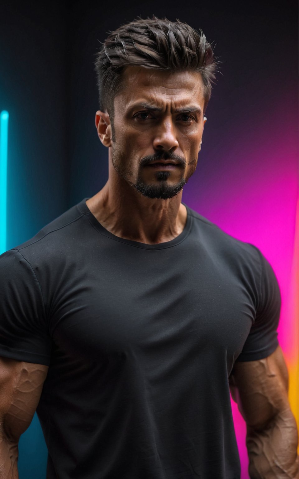 (best quality, 4k, 8k, highres, masterpiece:1.2), ultra-detailed, (realistic, photorealistic, photo-realistic:1.37),man, looking at viewer,short hair,shirt,black hair,gradient,black shirt,portrait,neon gradient background
