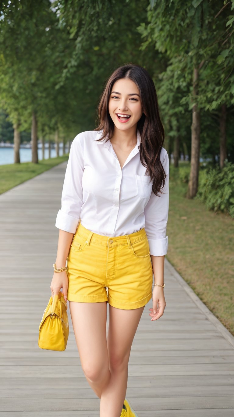 (masterpiece:1.1), (highest quality:1.1), (HDR:1.0), 1girl, perfect body, laugh, open mouth, (wearing white button_shirt with yellow tie), cut off denim shorts:0.5, sneakers, attractive, stylish, designer, black, asymmetrical, waterfront walkway, SAM YANG, Female, hmnc1, High detailed, full leg tattoos:1.5,retrobigguns, pastel color theme