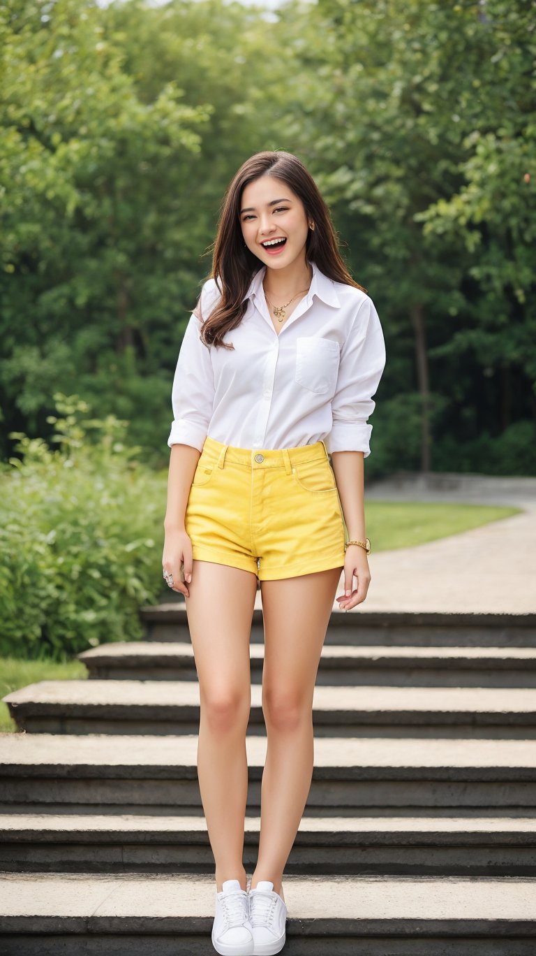 (masterpiece:1.1), (highest quality:1.1), (HDR:1.0), 1girl, perfect body, laugh, open mouth, (wearing white button_shirt with yellow tie), cut off denim shorts:0.5, sneakers, attractive, stylish, designer, black, asymmetrical, waterfront walkway, SAM YANG, Female, hmnc1, High detailed, full leg tattoos:1.5,retrobigguns, pastel color theme