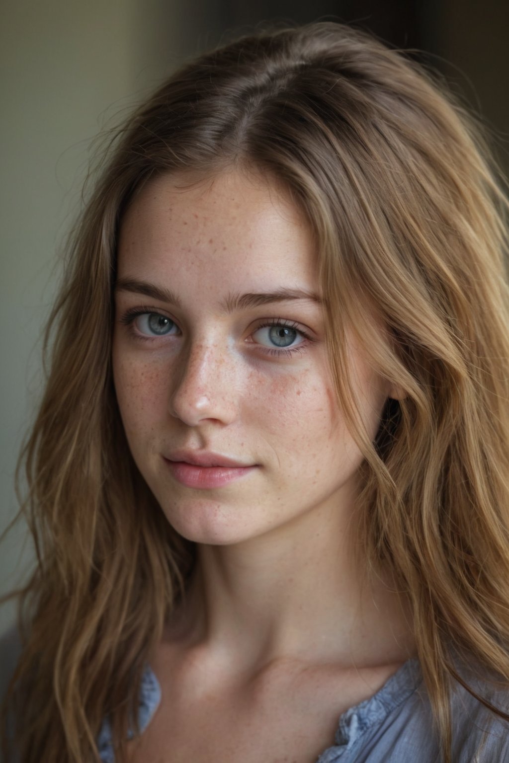 Soft Lighting Photography, 19 year old gorgeous girl , slight smile , detailed skin face and eyes , natural lighting , indoors , long hair, messy hair, see through loose blouse, low contrast, natural face , freckles , dark blonde hair , dark blue eyes, dark circles under eyes,