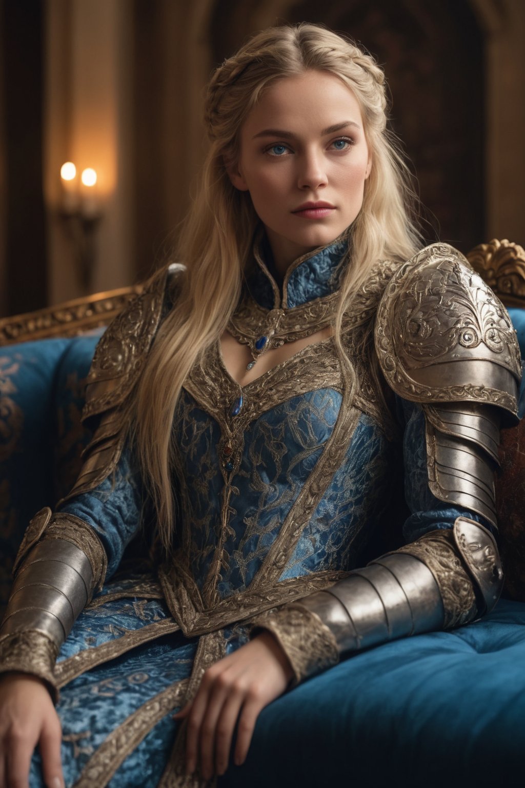 A beautiful queen with long braided blonde hair, wearing elegant ornate armor with fur accents, blue eyes gazing thoughtfully into the distance, lying gracefully on a luxurious sofa in a grand castle hall, medieval fantasy setting, warm ambient lighting highlighting the intricate details of her armor and the plush texture of the sofa, regal and serene atmosphere, high detail, realistic texture, ambient glow