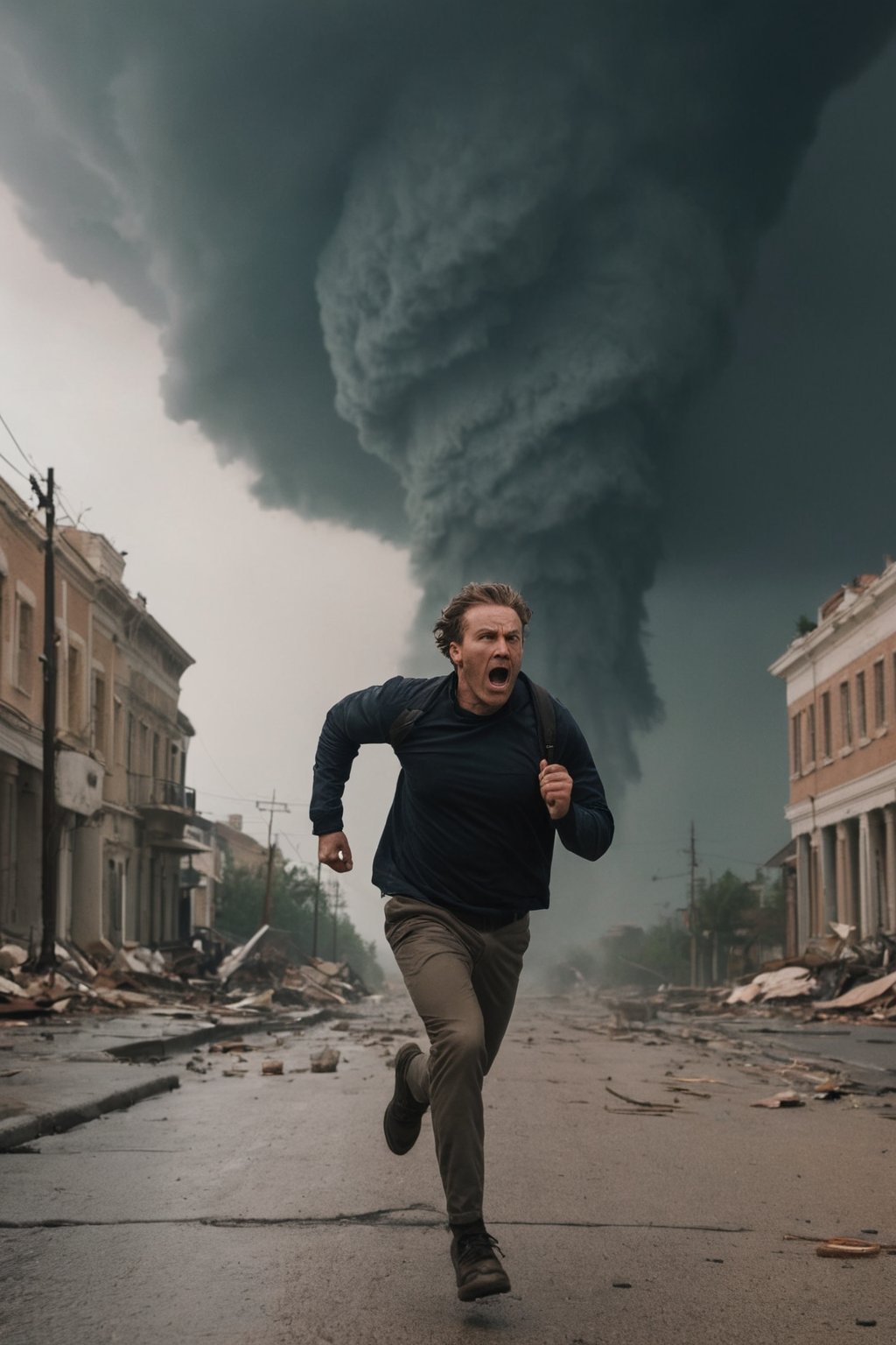 film photography aesthetic, film still, action apocalypse movie scene, heroic man running away from a tornado ravaging the city, epic intense scene, strong wind, sense of danger, shouting, 