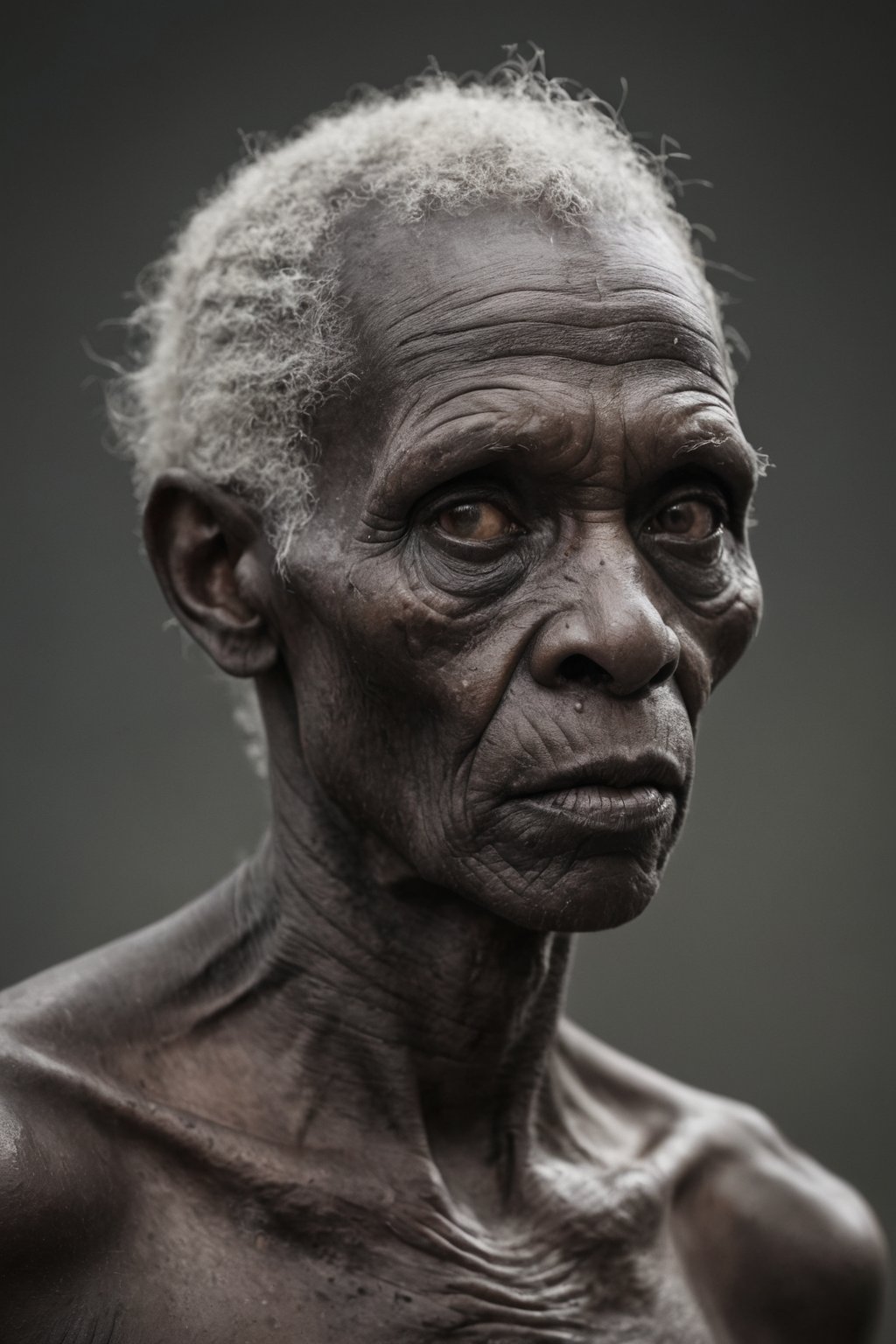 Medium shot of an African tribal old zombie, bloody, black coal skin, extremely thin, grotesque look, neutral grey background, creepy, horror, vintage photography,
