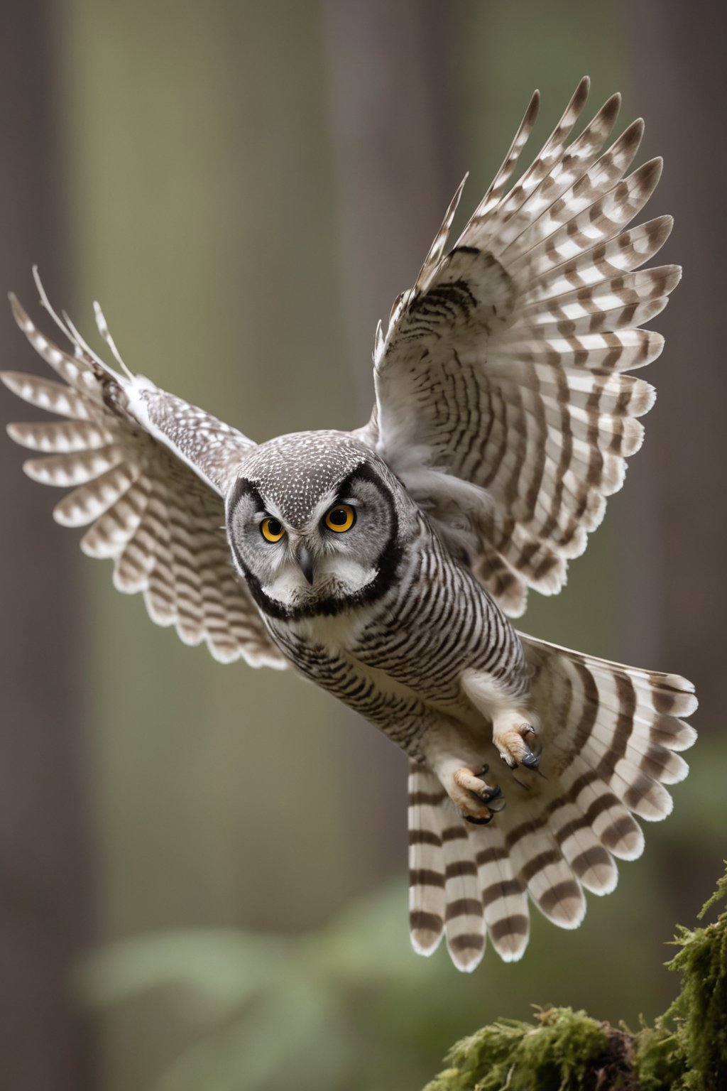 Majestic Northern Hawk Owl in flight with wings fully extended, intricate feather patterns, sharp focused eyes conveying intensity, soft grey and white plumage, natural light highlighting subtle textures, smooth bokeh background merging cool blues and soft earth tones, wildlife photography capturing dynamic motion, expert use of shutter speed freezing delicate movement, absence of human interference, pure wilderness portrayal, optical excellence revealing minute details, high-resolution capture showing individual barbs on feathers, crisp contrast emphasizing the owl's natural camouflage, film photography aesthetic, vibrant, whimsical