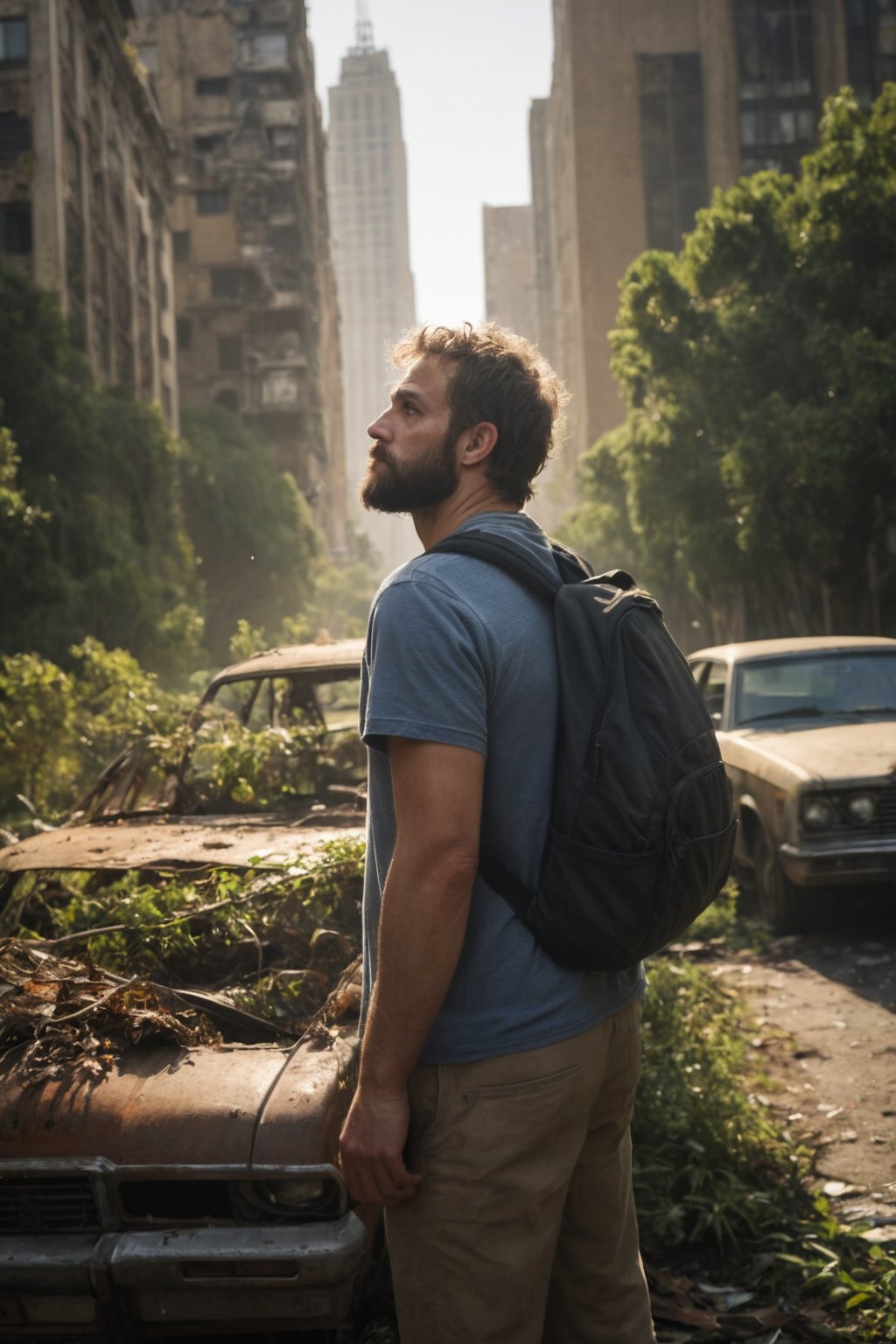 Dirty, filthy, tired disheveled man with a filthy beard, wearing a backpack, standing near a rotten car, looking up at the crumbling ruins of the overgrown city skyscrapers, early morning sun slanting through tall wild forest leaves, decaying ruins of a once-grand city, Los Angeles, Hollywood Blvd, rusted modern cars, birds flying in the distance, overgrown with vegetation, hyperrealism, dramatic lighting, no blur, high resolution, 8k, extremely highly detailed and intricate, superior quality, tack sharp
