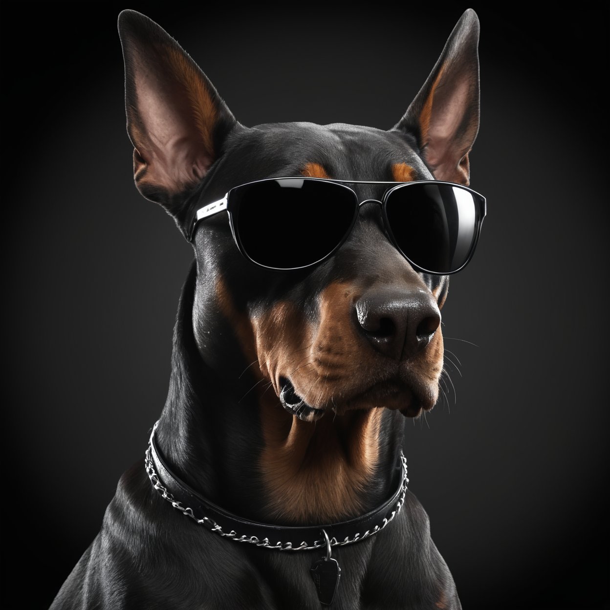 Silver and black stylized angry muscle doberman wearing black sunglasses, trendy and fashionable, on a black background, countryside advertising, ultra detailed, best quality, 8K, high resolution, 