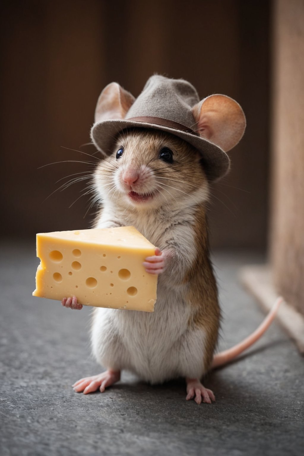 cute adorable happy Mouse with a hat holding a cheese, doorstep, 