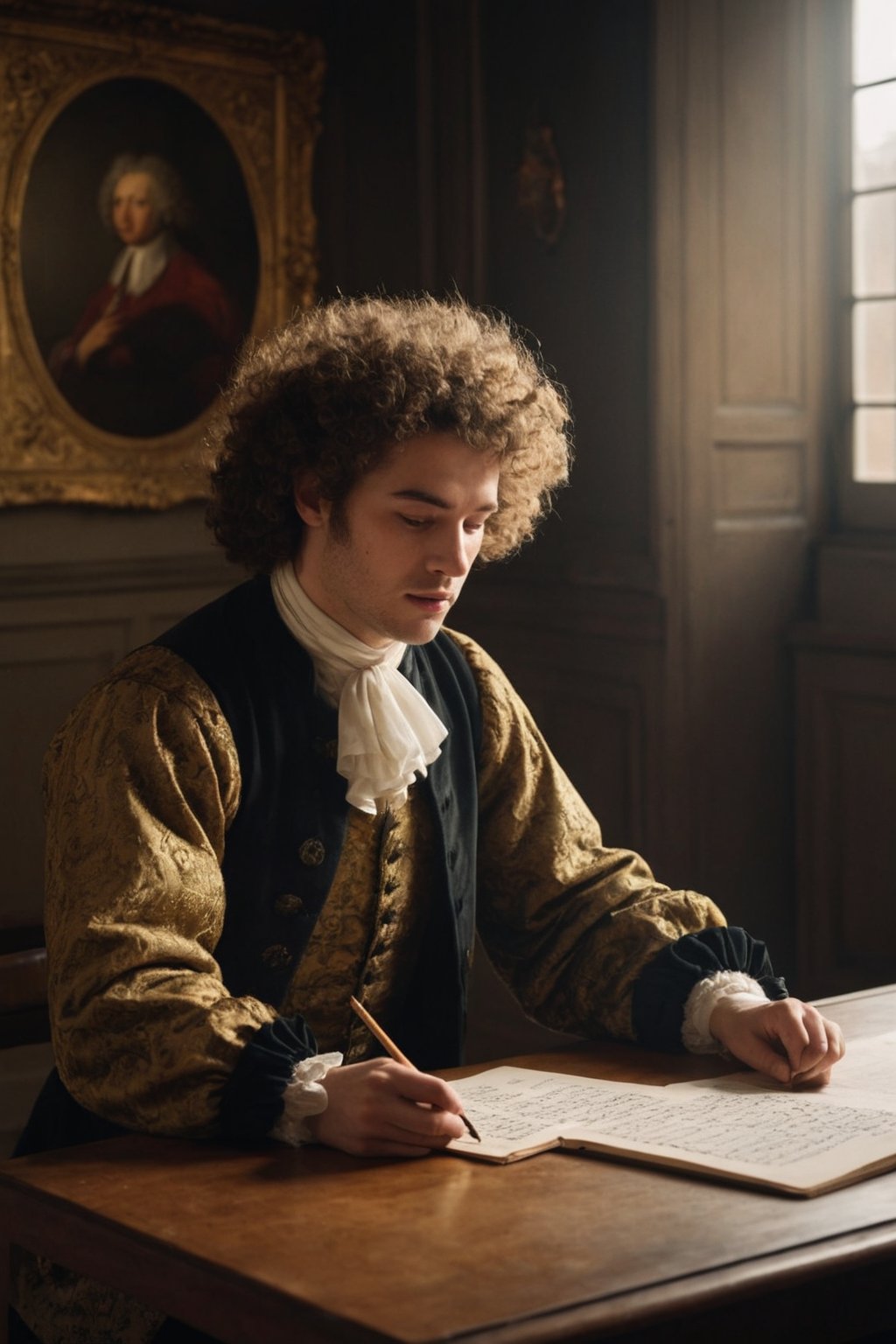 baroque composer ,curly hair, light shining into room, table, 