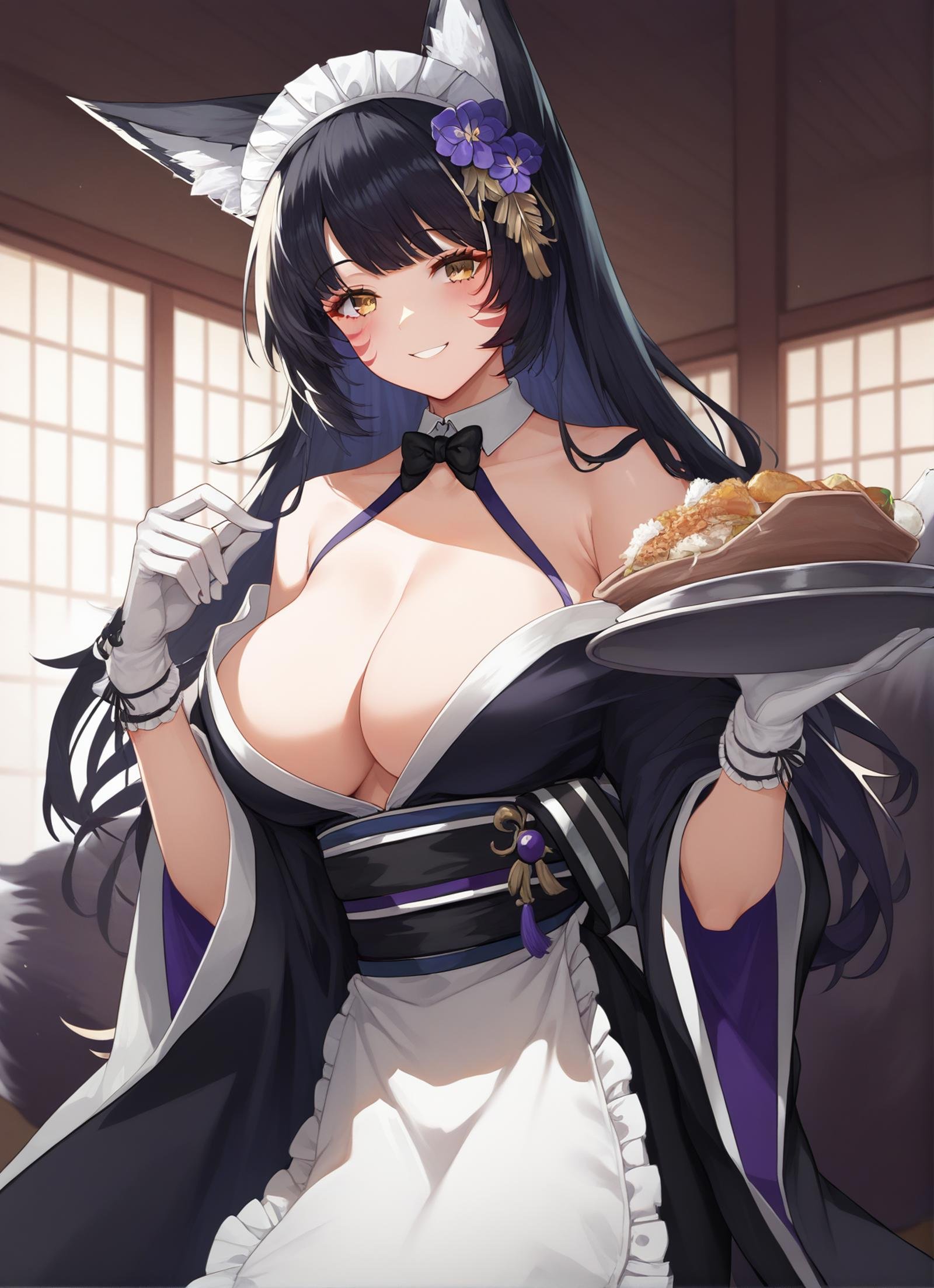 <lora:musashi_pony_v1.0:0.8>,musashi_\(azur_lane\), long_hair, black_hair, yellow eyes, fox_ears, facial_mark, fox_tail, hair_flower, black_kimono,black_bowtie,maid_headdress,white_gloves,apron,holding tray, smile,, score_9, score_8_up, score_7_up,