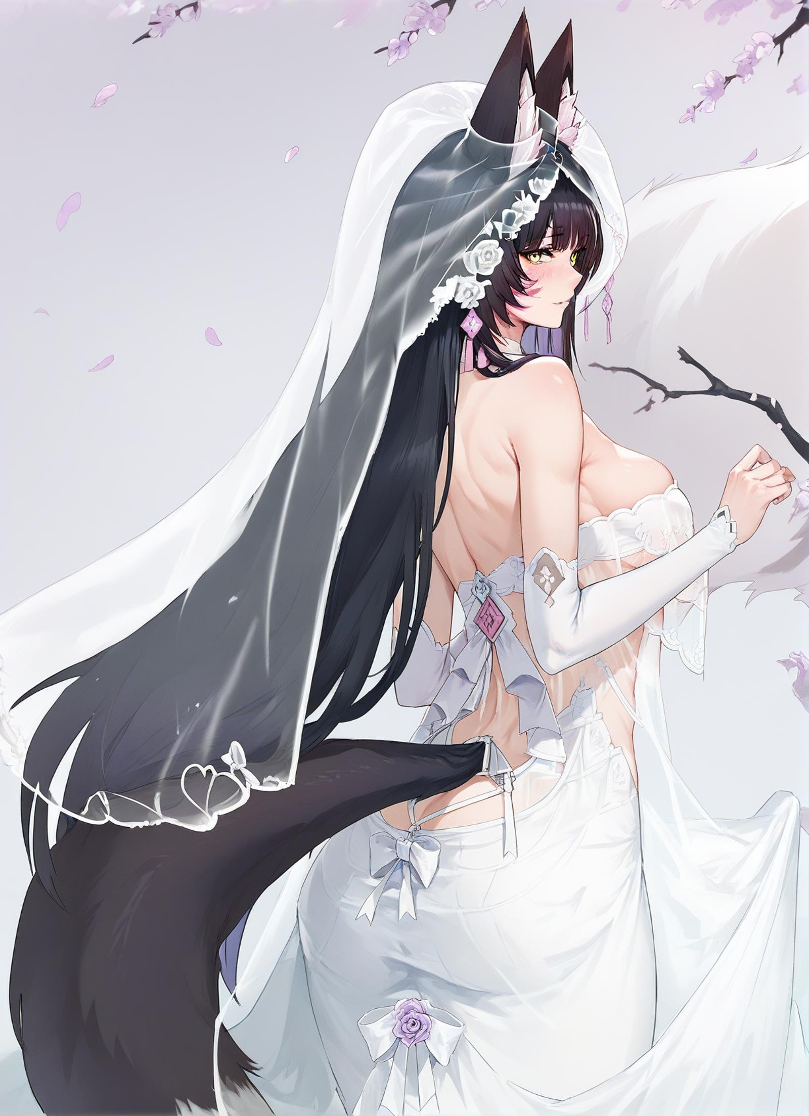 <lora:musashi_pony_v1.0:0.8>,musashi_\(azur_lane\), long_hair, black_hair, yellow eyes, fox_ears, facial_mark, fox_tail,wedding_dress,bridal_veil, see-through, from behind,, score_9, score_8_up, score_7_up,