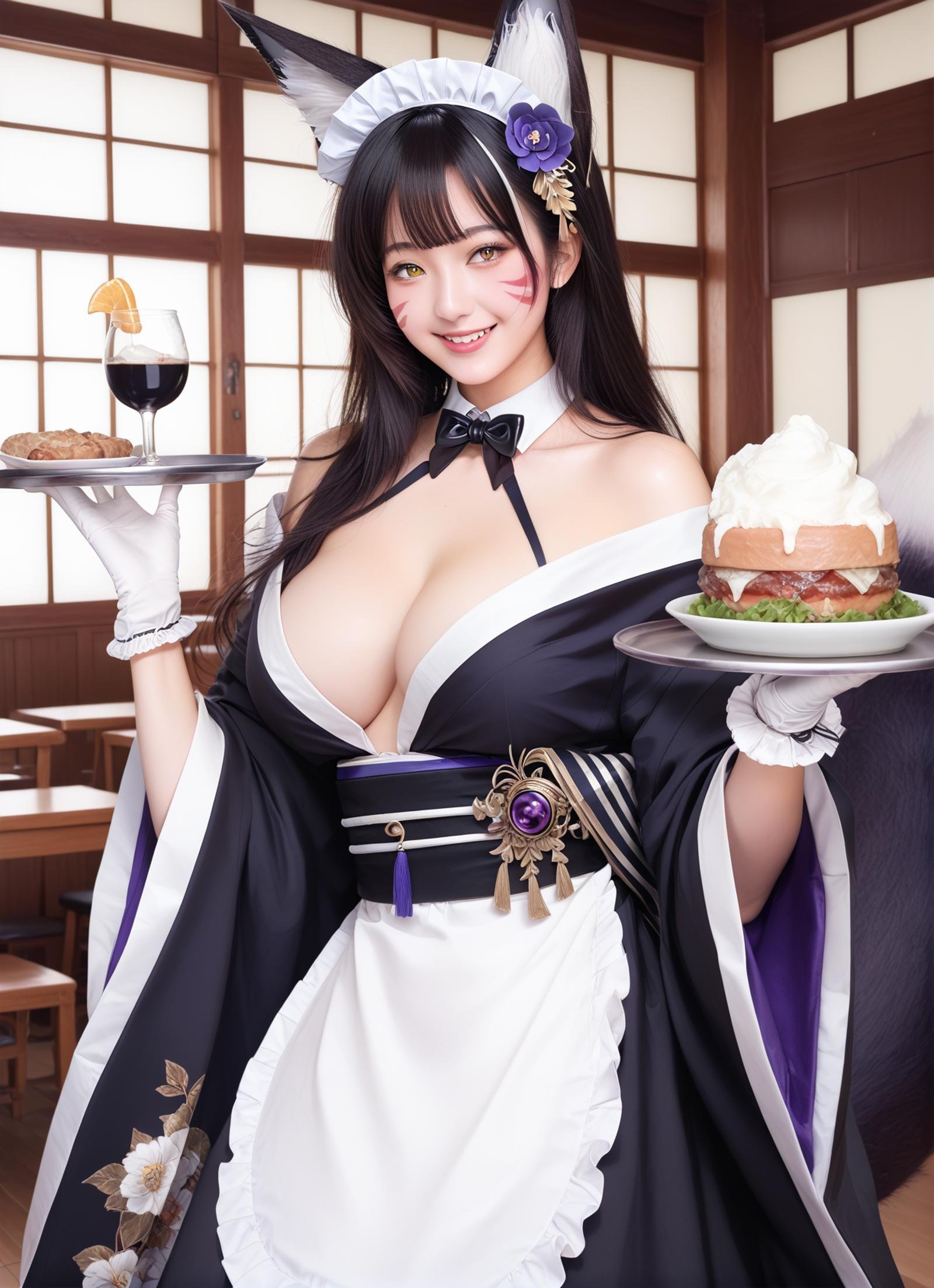 <lora:musashi_pony_v1.0:0.8>,musashi_\(azur_lane\), long_hair, black_hair, yellow eyes, fox_ears, facial_mark, fox_tail, hair_flower, black_kimono,black_bowtie,maid_headdress,white_gloves,apron,holding tray, smile,, score_9, score_8_up, score_7_up, realistic, photorealistic, extremely detailed cg unity 8k wallpaper,