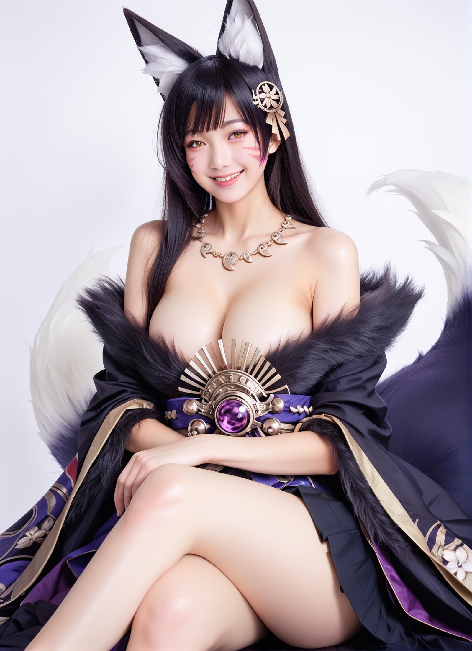 <lora:musashi_pony_v1.0:0.8>,musashi_\(azur_lane\), long_hair, black_hair, yellow eyes, fox_ears, facial_mark, fox_tail,hair_ornament,magatama_necklace, fur-trimmed_kimono,smile, sitting,crossed legs,, score_9, score_8_up, score_7_up, realistic, photorealistic, extremely detailed cg unity 8k wallpaper,