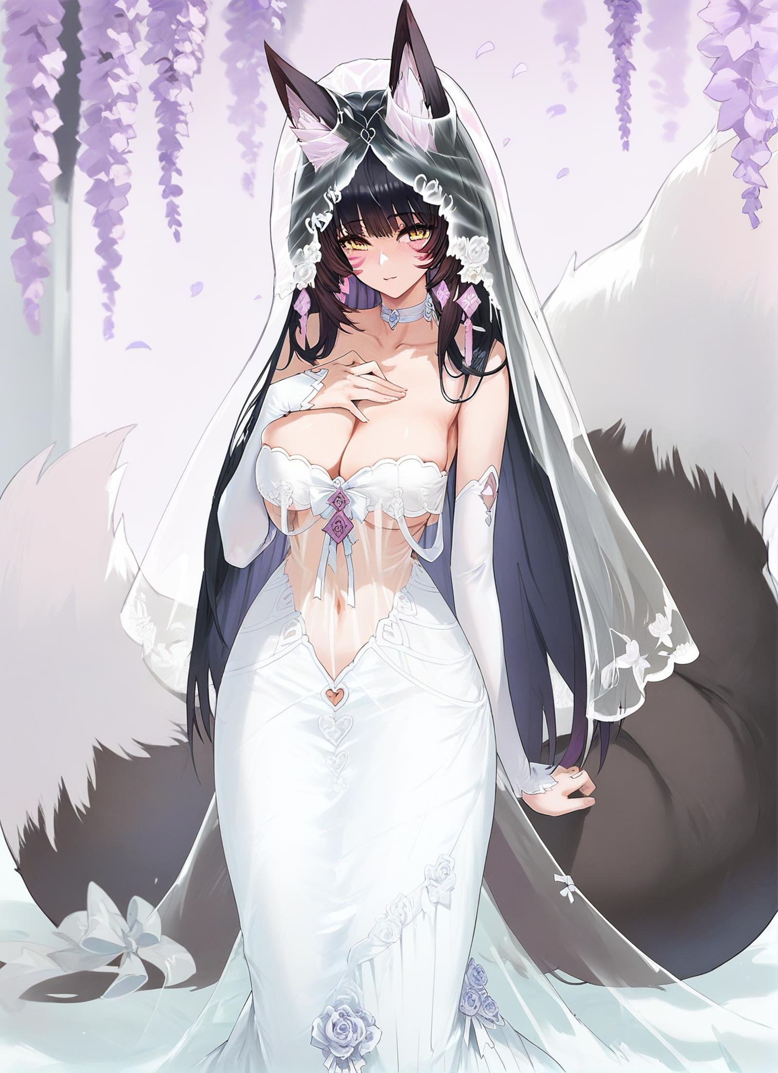 <lora:musashi_pony_v1.0:0.8>,musashi_\(azur_lane\), long_hair, black_hair, yellow eyes, fox_ears, facial_mark, fox_tail,wedding_dress,bridal_veil, see-through, hand on own chest,, score_9, score_8_up, score_7_up,