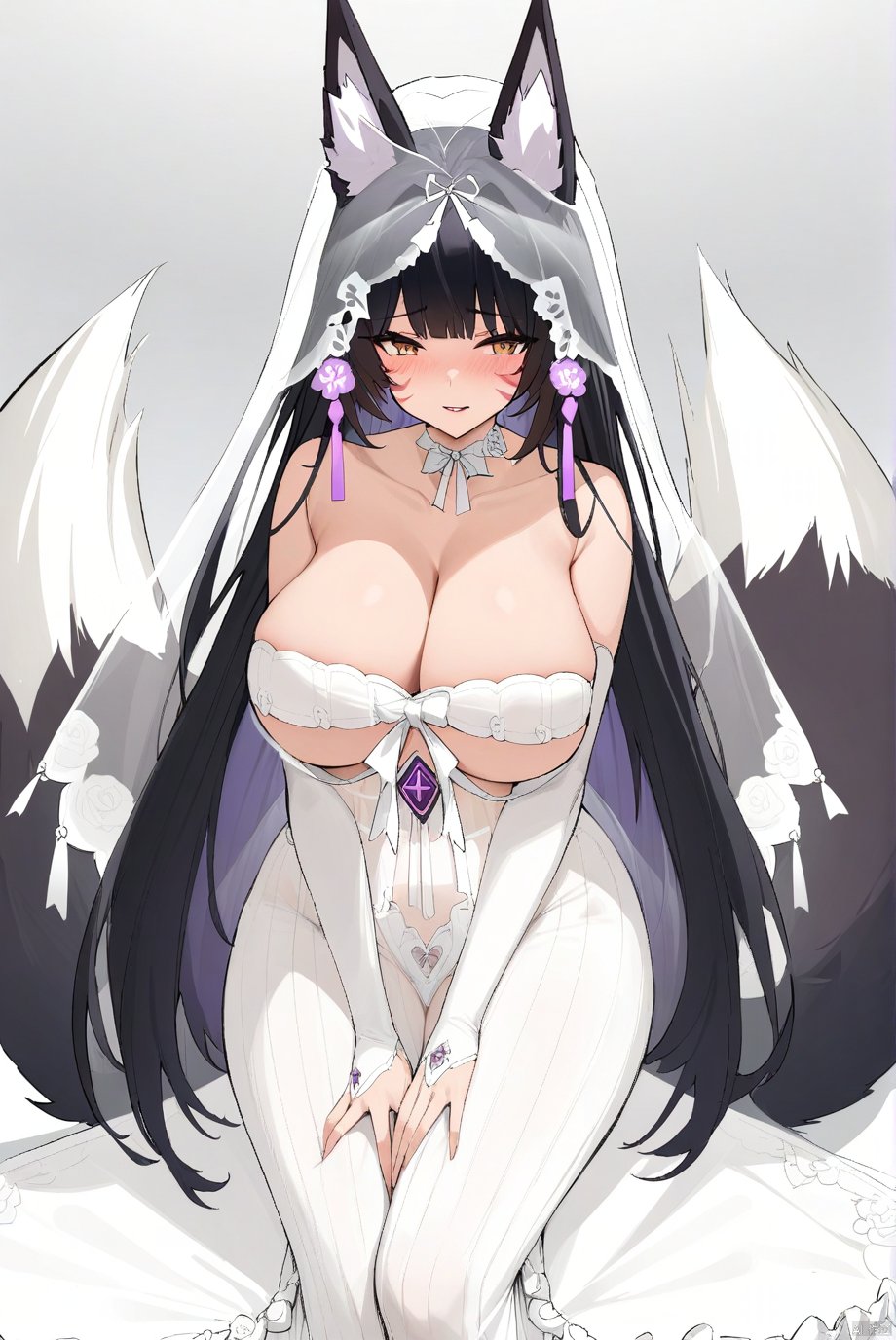 musashi_\(azur_lane\), long_hair, black_hair, fox_ears, facial_mark, fox_tail, fox_girl,large breasts,  wedding_dress,bridal_veil, see-through,hand between legs, masterpiece, best quality,  very aesthetic, absurdres,