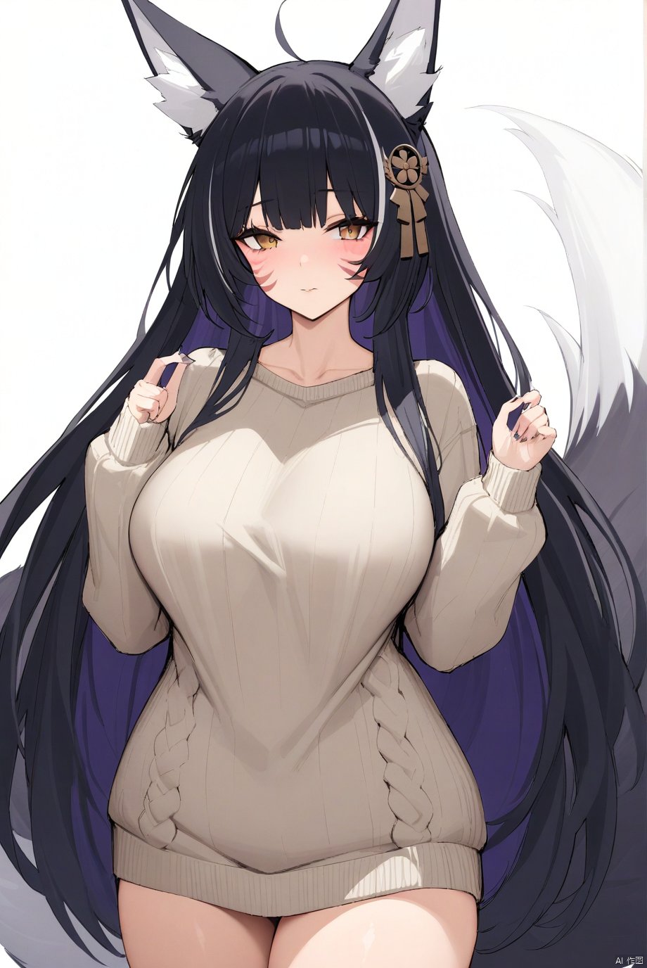 musashi_\(azur_lane\), long_hair, black_hair, fox_ears, facial_mark, fox_tail, fox_girl,sweater, masterpiece, best quality,  very aesthetic, absurdres,