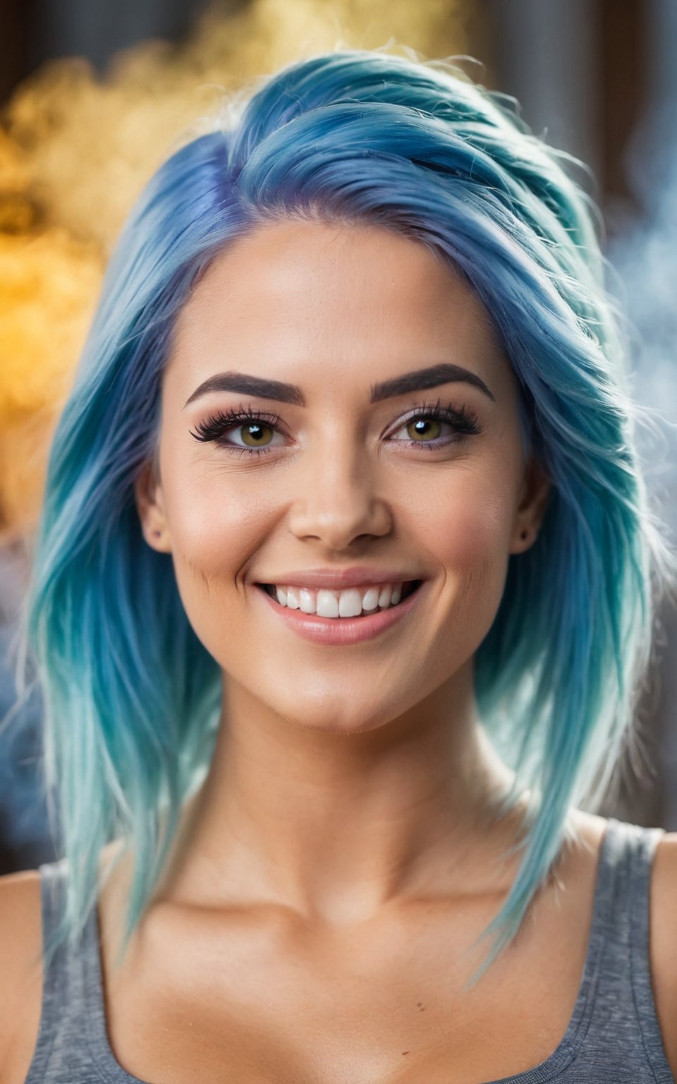 (best quality, 4k, 8k, highres, masterpiece:1.2), ultra-detailed, woman, smiling, blue hair, gym clothes, vivid colors, colorful, bokeh, portraits, studio lighting, ultra-fine painting, sharp focus, extremely detailed eyes and face, detailed lips, beautiful detailed eyes,(long eyelashes)
