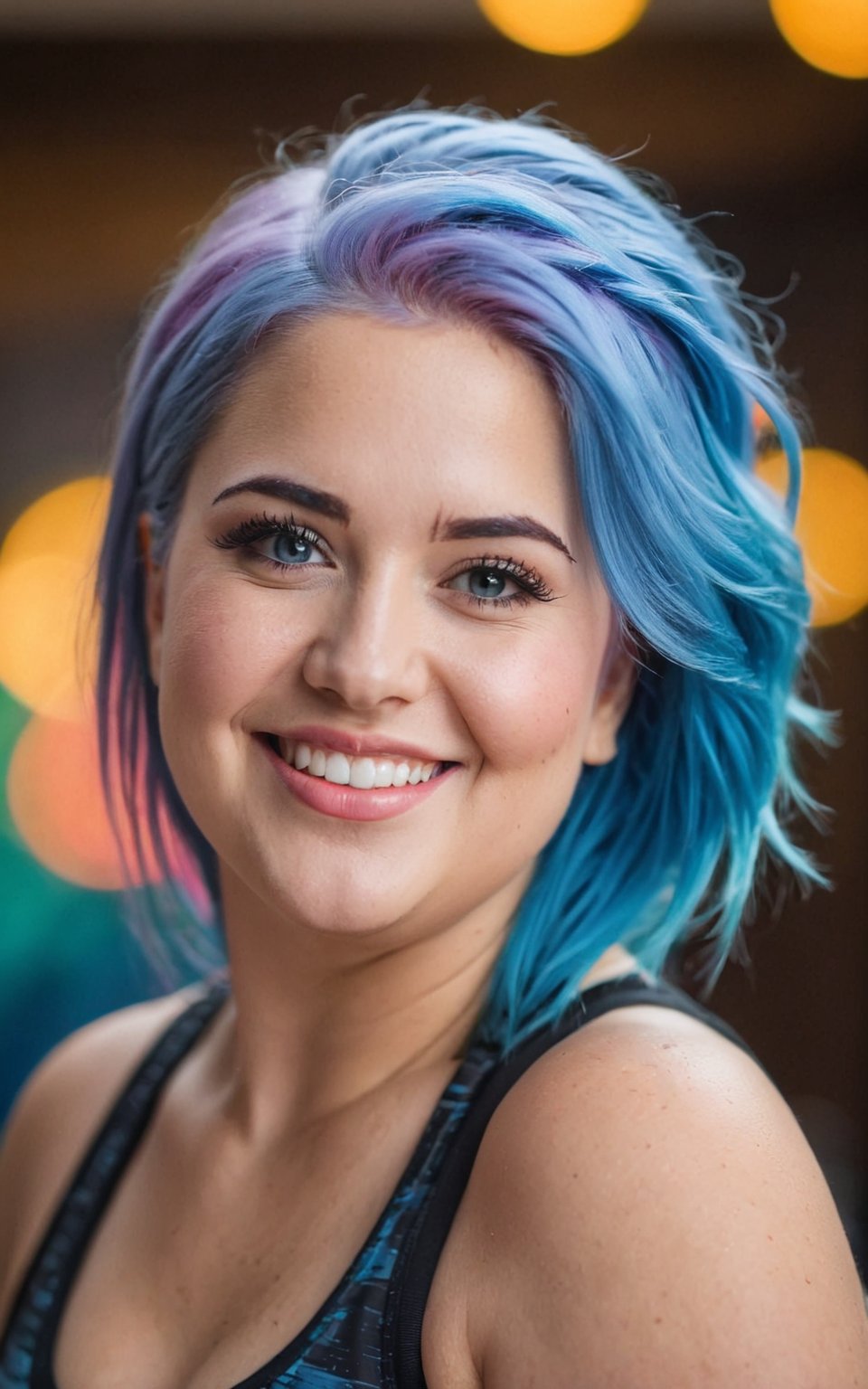 (best quality, 4k, 8k, highres, masterpiece:1.2), ultra-detailed, woman, smiling, blue hair, gym clothes, vivid colors, colorful, bokeh, portraits, studio lighting, ultra-fine painting, sharp focus, extremely detailed eyes and face, detailed lips, beautiful detailed eyes,(long eyelashes) 
