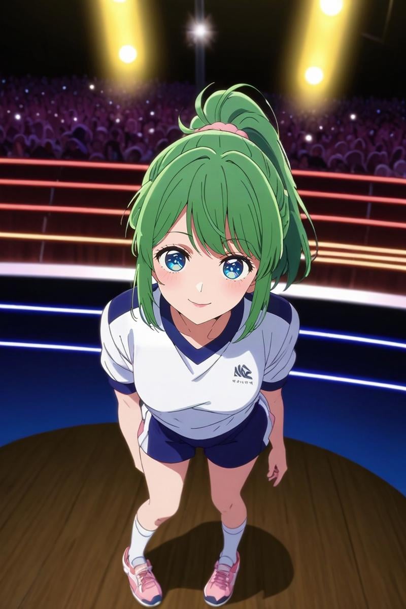 score_9, score_8_up, score_7_up, source_anime, rating_safe, anime screencap, , looking at viewer, depth of field, 1girl, grey-blue eyes, green hair, ponytail, hair weapon, gym uniform, solo, from above, concert, stage, stage lights, idol, dawn, knees up, smile, <lora:oshi_no_ko_style_pony:0.86>, oshi_no_ko_style, , <lora:sdxl_lightning_8step_lora:1>