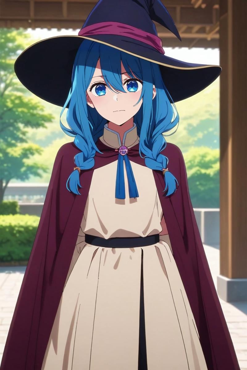 score_9, score_8_up, score_7_up, source_anime, rating_safe, anime screencap, intricate details, looking at viewer, depth of field, 1girl, roxy migurdia, bangs, black headwear, blue eyes, blue hair, braid, brown cape, cape, hair between eyes, witch hat, long hair, solo, cowboy shot, east asian architecture, day, (pose), wavy mouth, <lora:oshi_no_ko_style_pony:0.88>, oshi_no_ko_style, , <lora:sdxl_lightning_8step_lora:1>