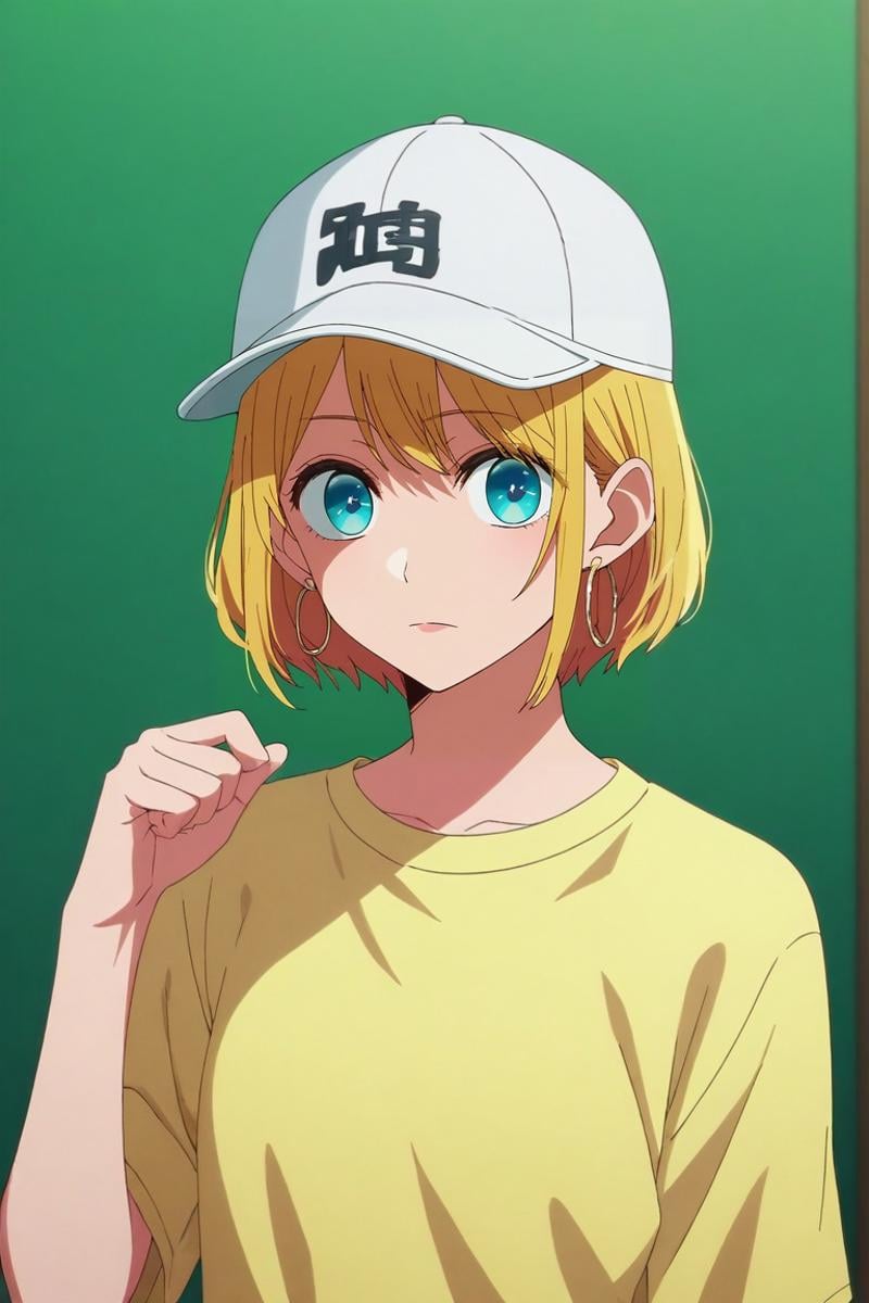 score_9, score_8_up, score_7_up, source_anime, rating_safe, anime screencap, , , depth of field, 1girl, aqua eyes, baseball cap, blonde hair, closed mouth, earrings, green background, hat, hoop earrings, jewelry, looking at viewer, shirt, short hair, simple background, solo, upper body, yellow shirt, solo, focused, great wall of china, indoors, standing on one leg, :o, <lora:oshi_no_ko_style_pony:0.8>, oshi_no_ko_style, , <lora:sdxl_lightning_8step_lora:1>