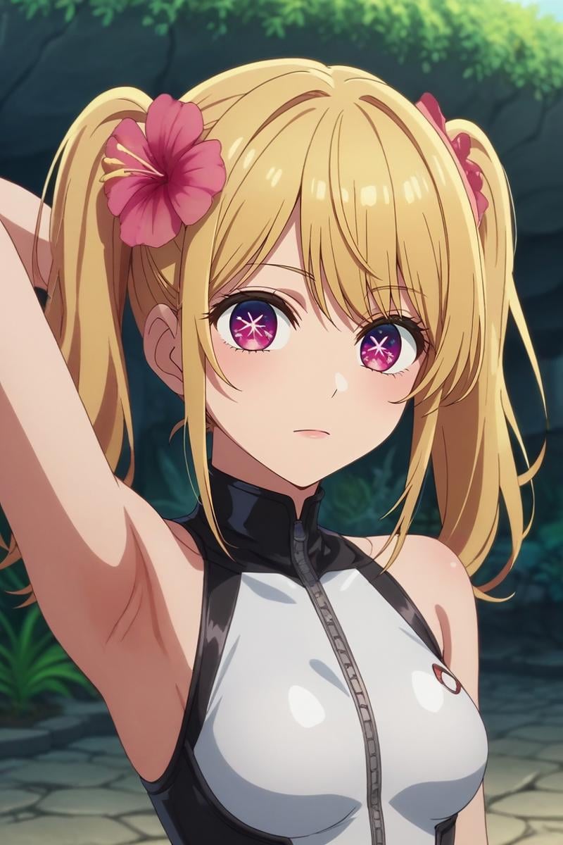 score_9, score_8_up, score_7_up, source_anime, rating_safe, anime screencap, , , depth of field, 1girl, coral eyes, light blonde hair, twintails, hair flower, bodysuit, latex, solo, upper body, stone road, day, sunny, arm up, giggling, <lora:oshi_no_ko_style_pony:0.76>, oshi_no_ko_style, , <lora:sdxl_lightning_8step_lora:1>