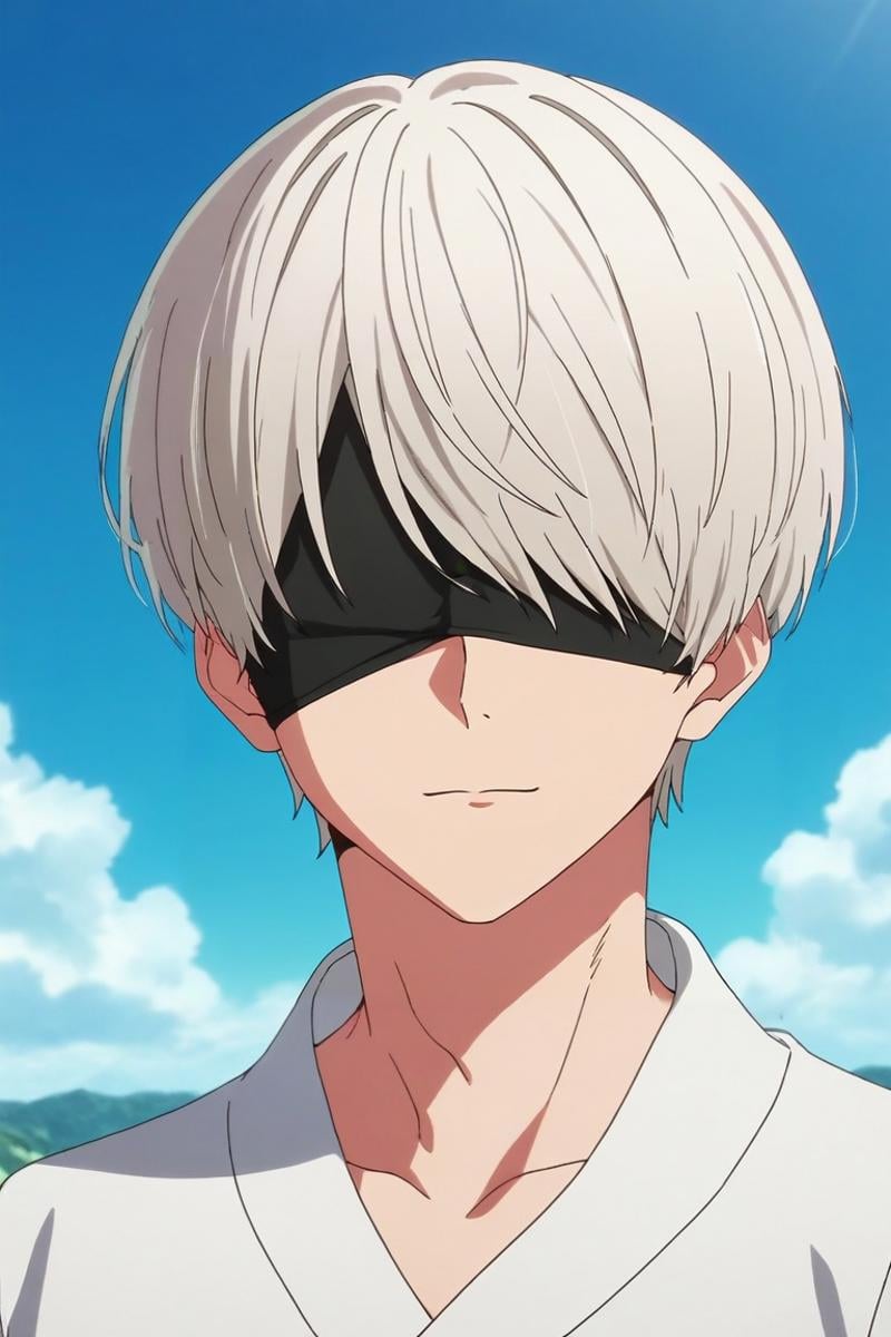 score_9, score_8_up, score_7_up, source_anime, rating_safe, anime screencap, 1boy, 9s \(nier:automata\), nier \(series\), white hair, covered eyes, solo, straight-on, treetops city, day, clouds, arm support, happy, <lora:oshi_no_ko_style_pony:0.8>, oshi_no_ko_style, <lora:sdxl_lightning_8step_lora:1>