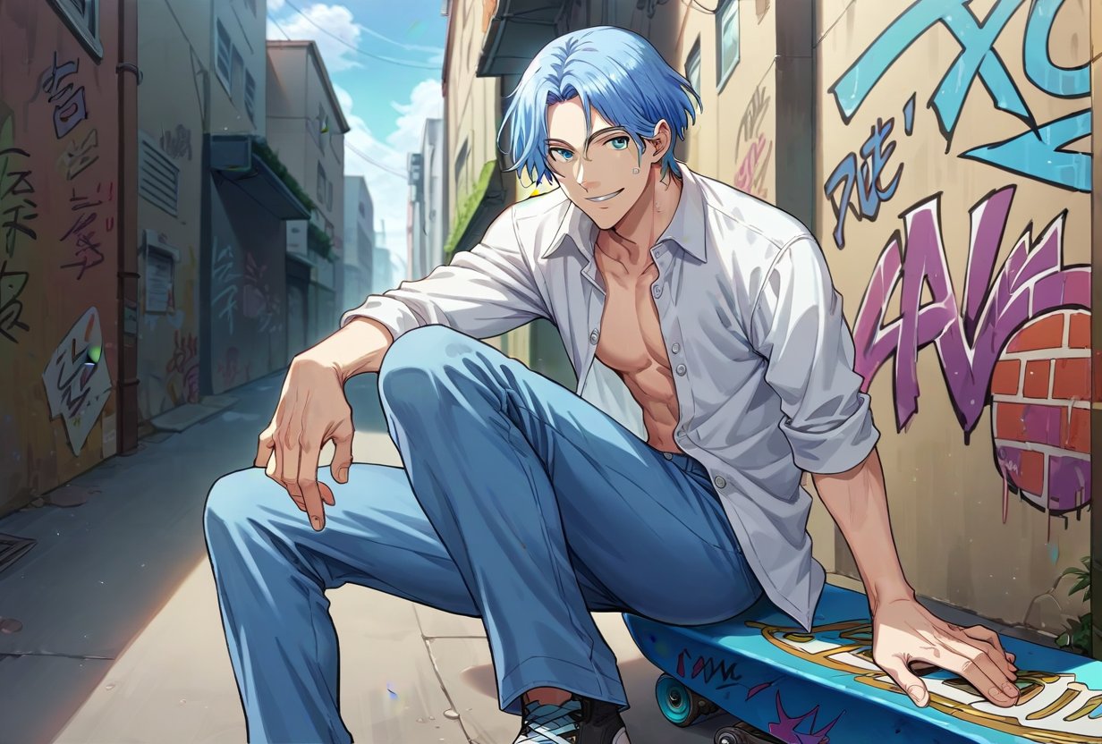 (score_9, score_8_up:1.1), score_7_up, hasegawa langa, 1boy, solo, blue hair, blue eyes, white buttoned shirt, loose shirt, blue pants, smile, looking at viewer, alley, graffiti, skate