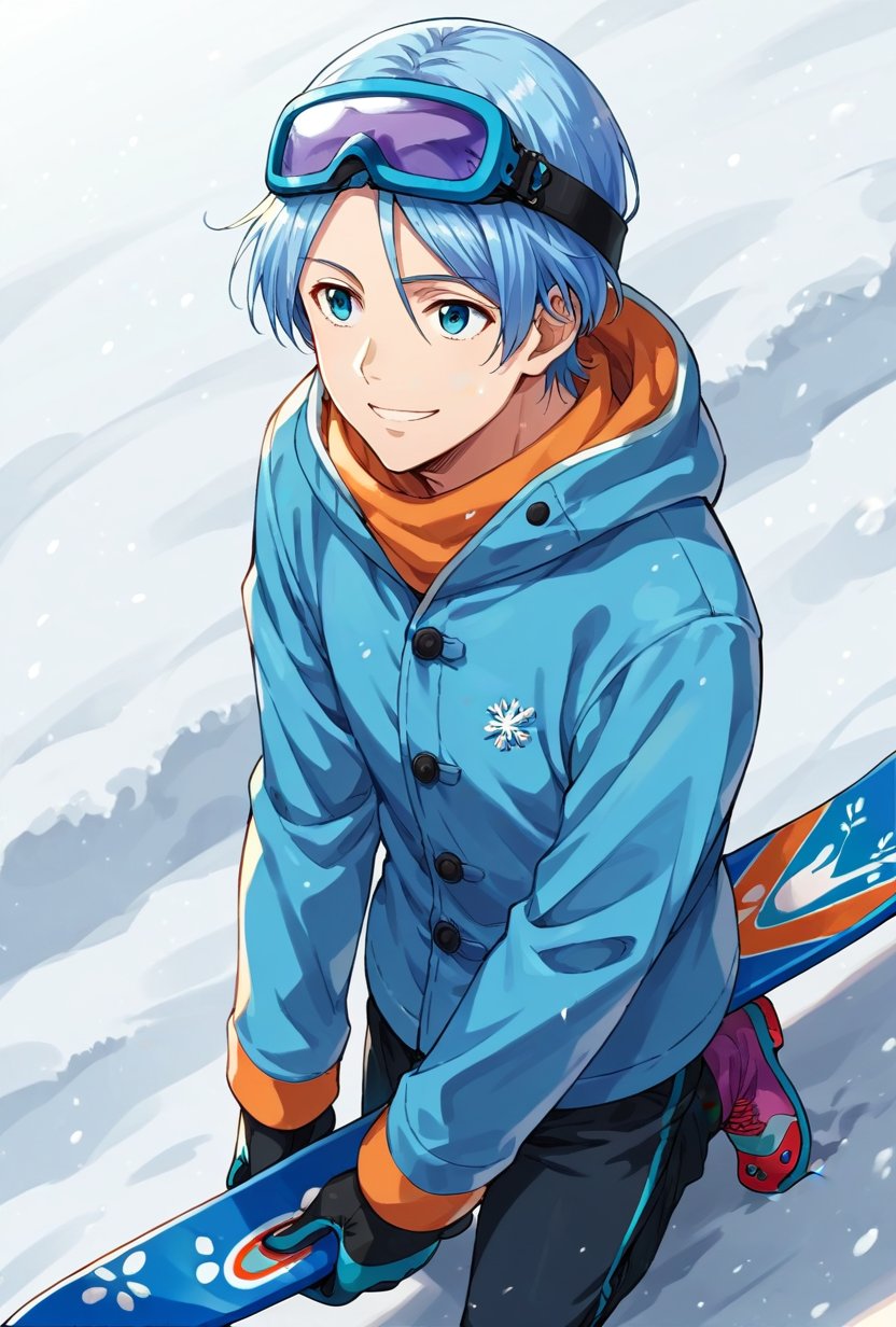 score_9, score_8_up, score_7_up, hasegawa langa, 1boy, solo, blue hair, snow googles, snow clothes, snowboarding, snow, light smile, mouth closed, riding snowboard, from above