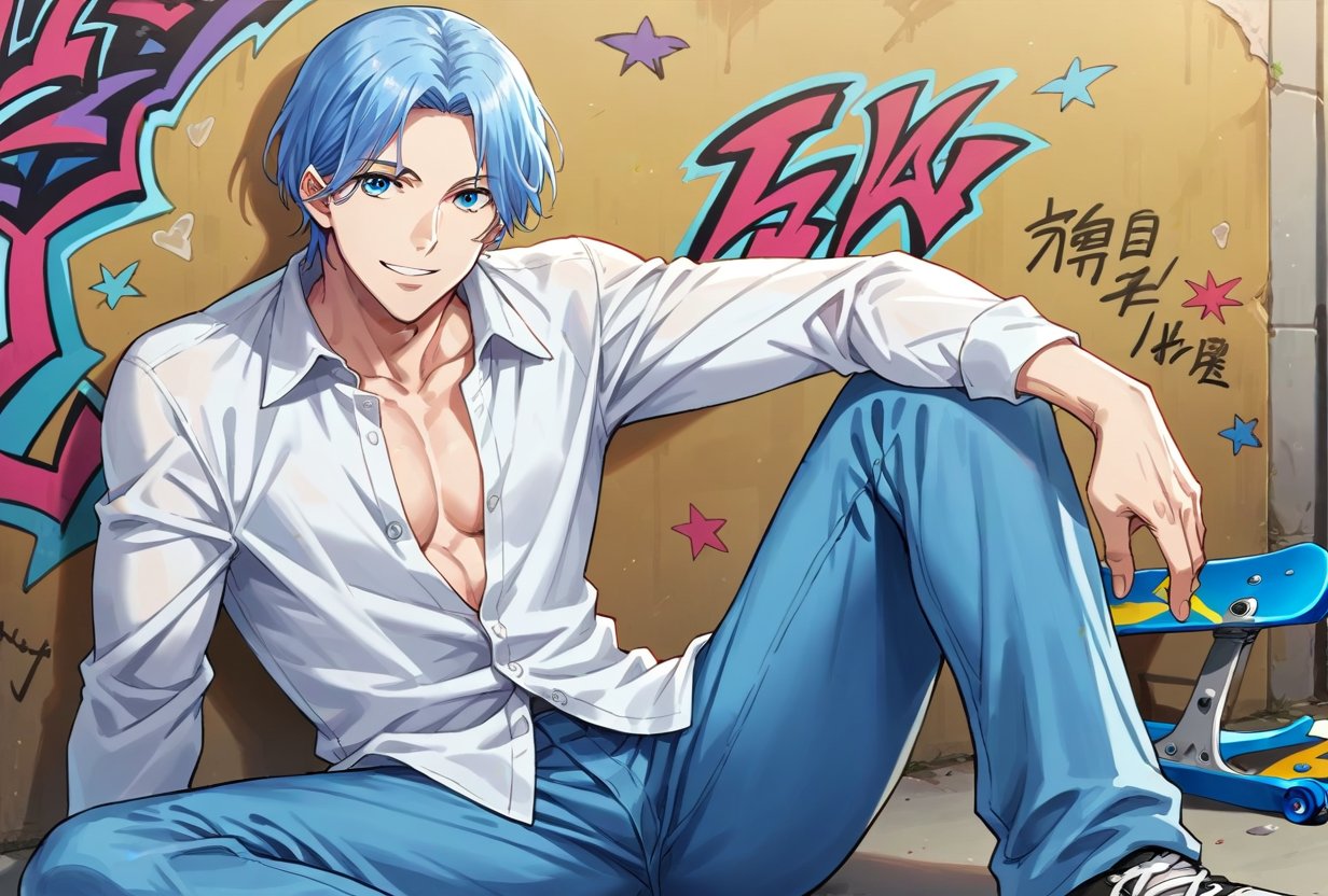 (score_9, score_8_up:1.1), score_7_up, hasegawa langa, 1boy, solo, blue hair, blue eyes, white buttoned shirt, loose shirt, blue pants, smile, looking at viewer, sitting, spread legs, wall, graffiti, skate