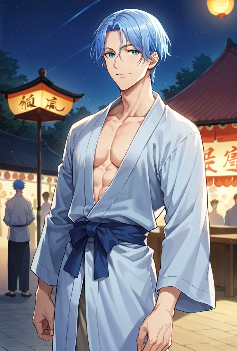 score_9, score_8_up, score_7_up, hasegawa langa, 1boy, solo, blue hair, blue eyes, male yukata, japanese festival, night, light smile, cowboy shot, closed mouth