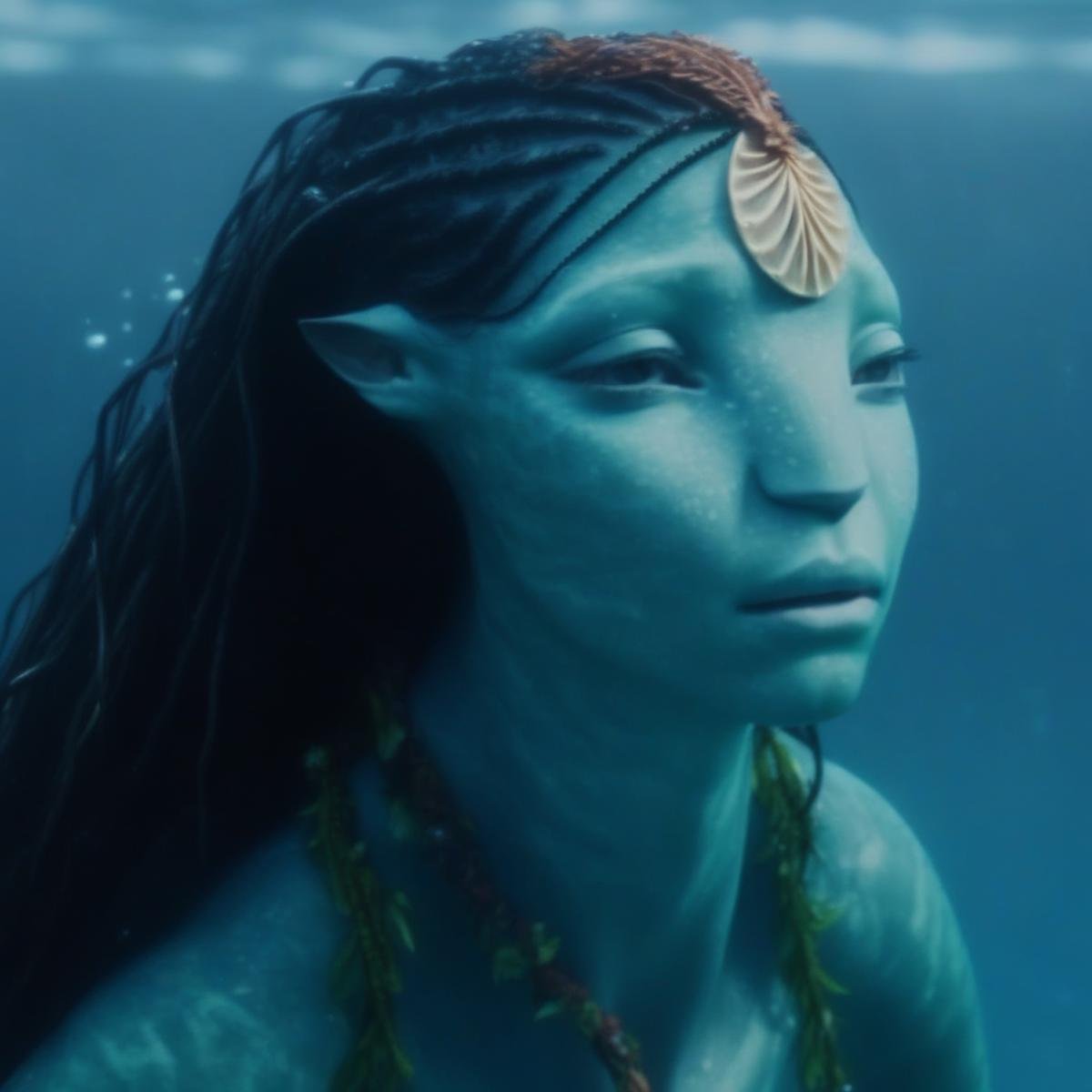 Beautiful na’vi, aqua skin, jewelry, reef, partially submerged, water, wet hair, movie scene, freckles, female focus, detailed, hdr, high quality