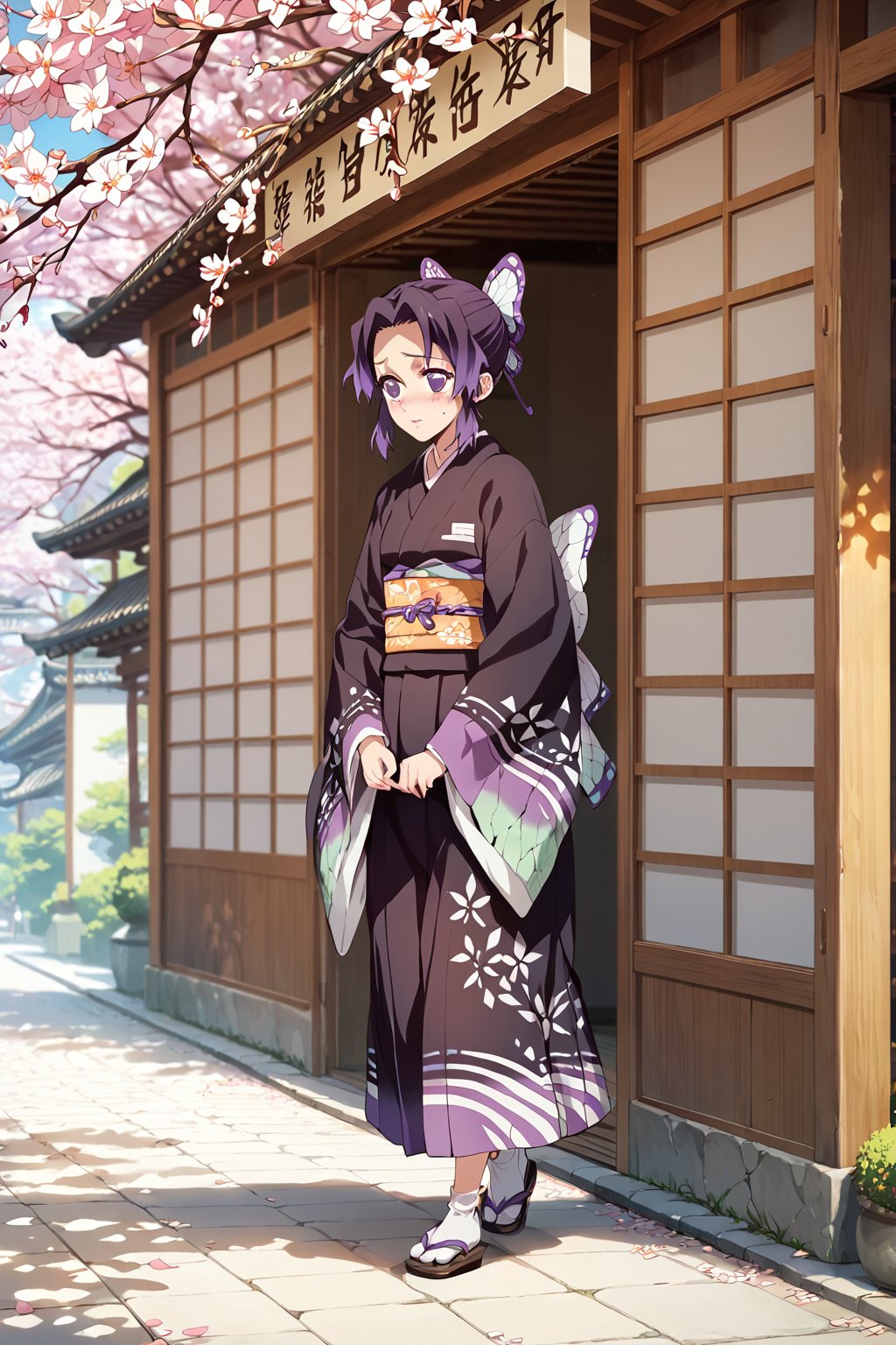 walking , kimono , in Kyoto  , 
, (embarrassed ,  shy ) ,  
BREAK , 
score_9, score_8_up, score_7_up, score_6, score_5, score_4, ( masterpiece , ultra Detailed  ) , 
  milkychu-style ,  
shinobu , Black and purple hair , 