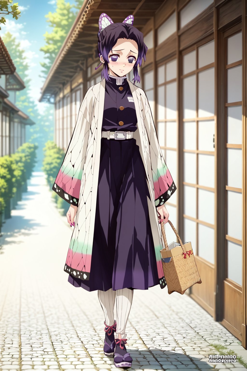 walking , in Kyoto  , 
, (embarrassed ,  shy ) ,  
BREAK , 
score_9, score_8_up, score_7_up, score_6, score_5, score_4, ( masterpiece , ultra Detailed  ) , 
  milkychu-style ,  
shinobu , Black and purple hair , 