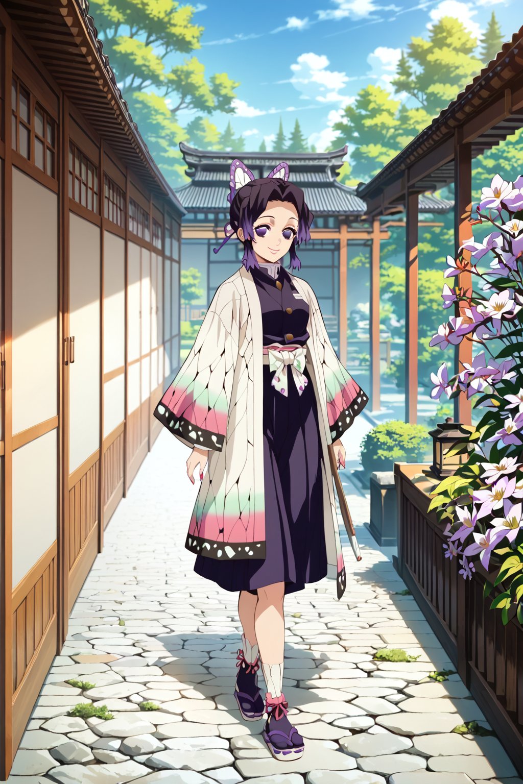 walking , in Japanese garden  , 
, smile ,  
BREAK , 
score_9, score_8_up, score_7_up, score_6, score_5, score_4, ( masterpiece , ultra Detailed  ) , 
  milkychu-style ,  
shinobu , Black and purple hair , 