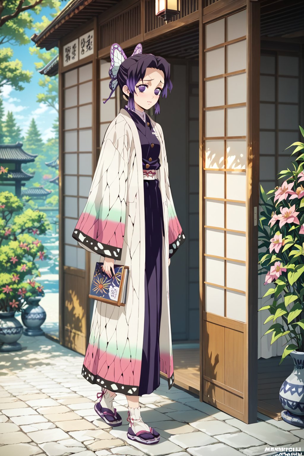 walking , in Japanese garden  , 
, (embarrassed ,  shy ) ,  
BREAK , 
score_9, score_8_up, score_7_up, score_6, score_5, score_4, ( masterpiece , ultra Detailed  ) , 
  milkychu-style ,  
shinobu , Black and purple hair , 