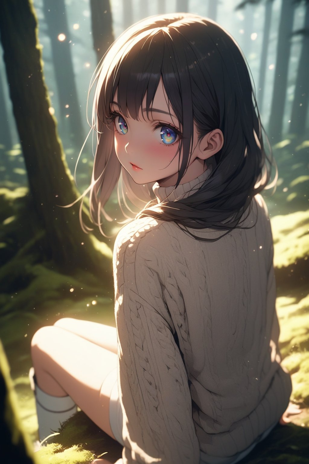 Close up, film grain photo, Dim lighting, light dust, lens flare, light beam, old photo, cool color, skin normal, sitting, close up, look back, show the face, from above, Japanese girl, beige sweater dress, turtleneck, white shorts, white thighigh, white long boots, dark forest, moss, vine, grass, ,Bing girl