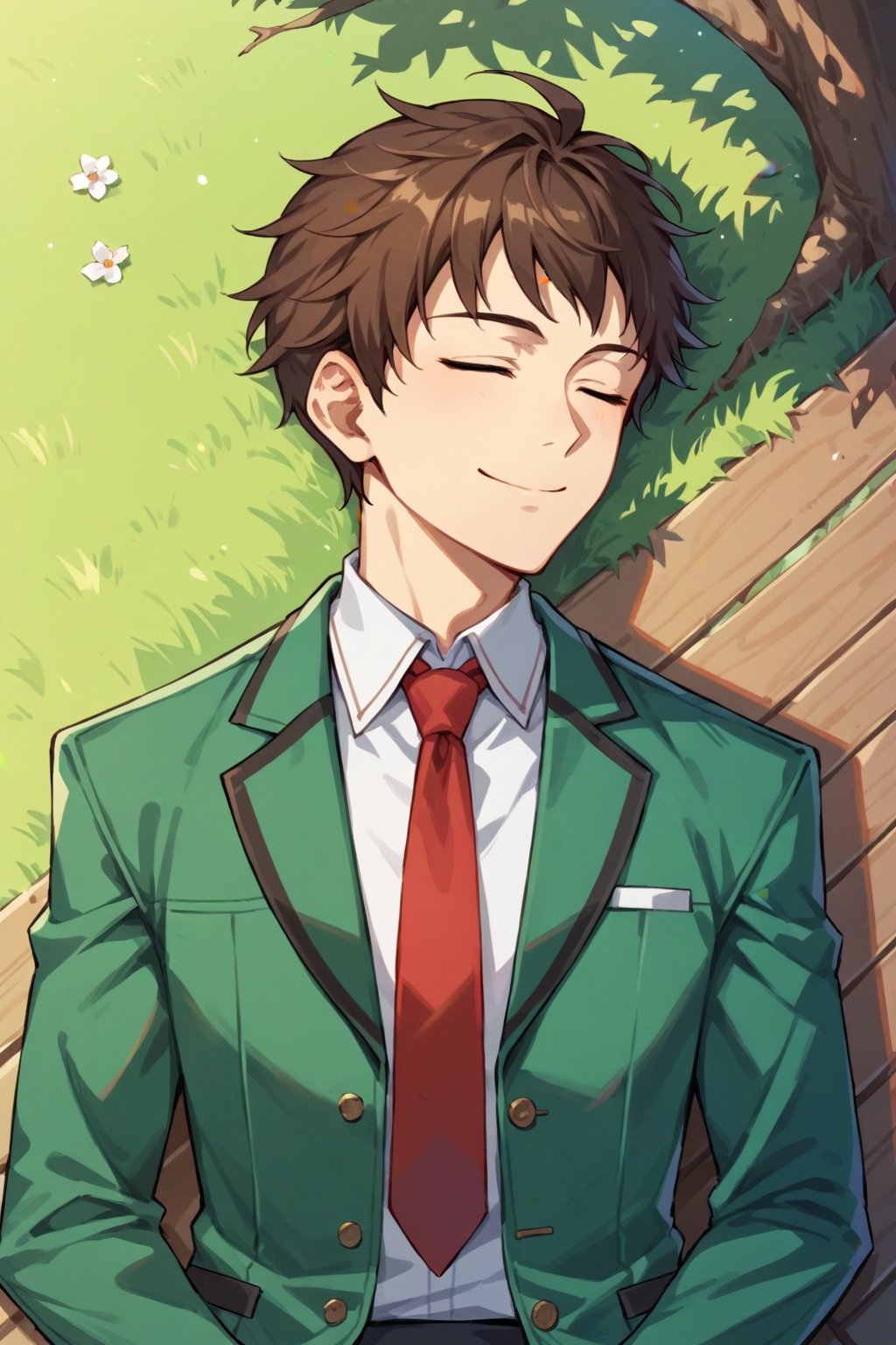 (score_9, score_8_up:1.1), score_7_up, 1boy, swin abel, solo, brown hair, closed eyes, school uniform, green jacket, red necktie, laying down, tree, from above, cowboy shot, smile, nap