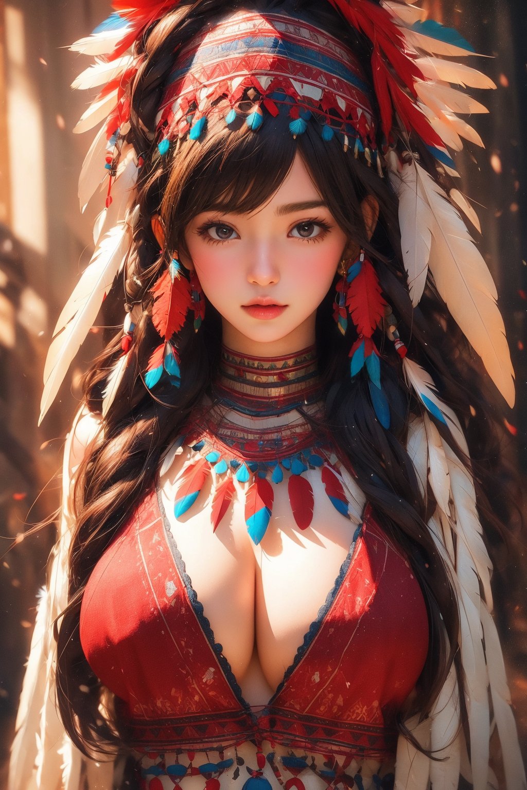 busty and sexy girl, 8k, masterpiece, ultra-realistic, best quality, high resolution, high definition, Tribal girl, feather headdress,TG