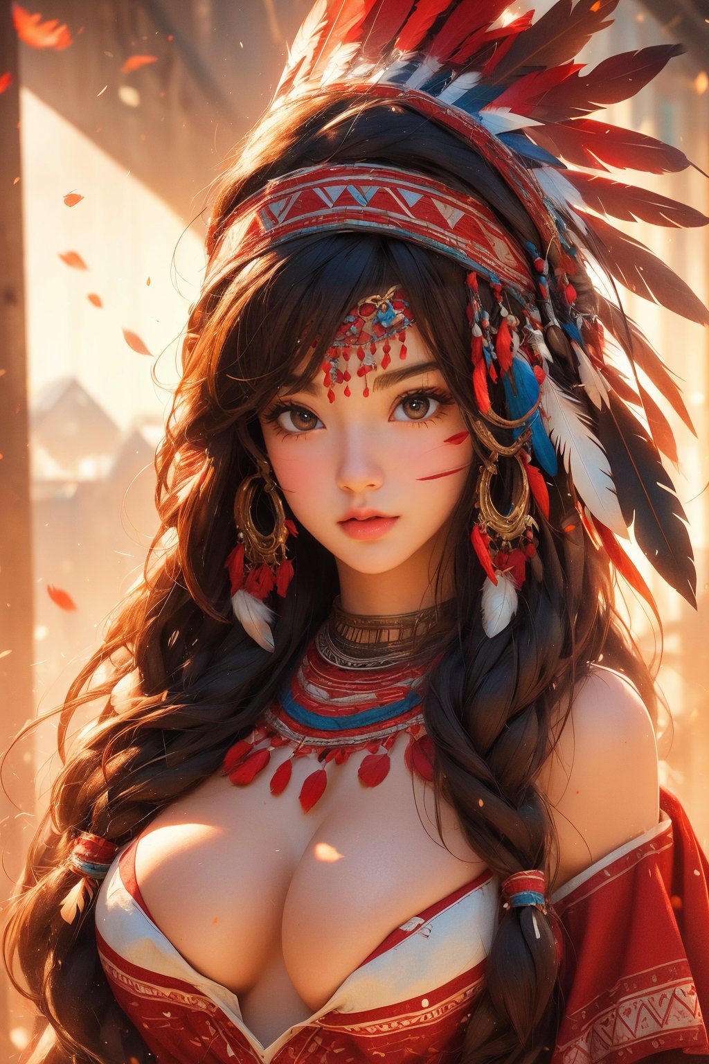 busty and sexy girl, 8k, masterpiece, ultra-realistic, best quality, high resolution, high definition, Tribal girl, feather headdress,TG