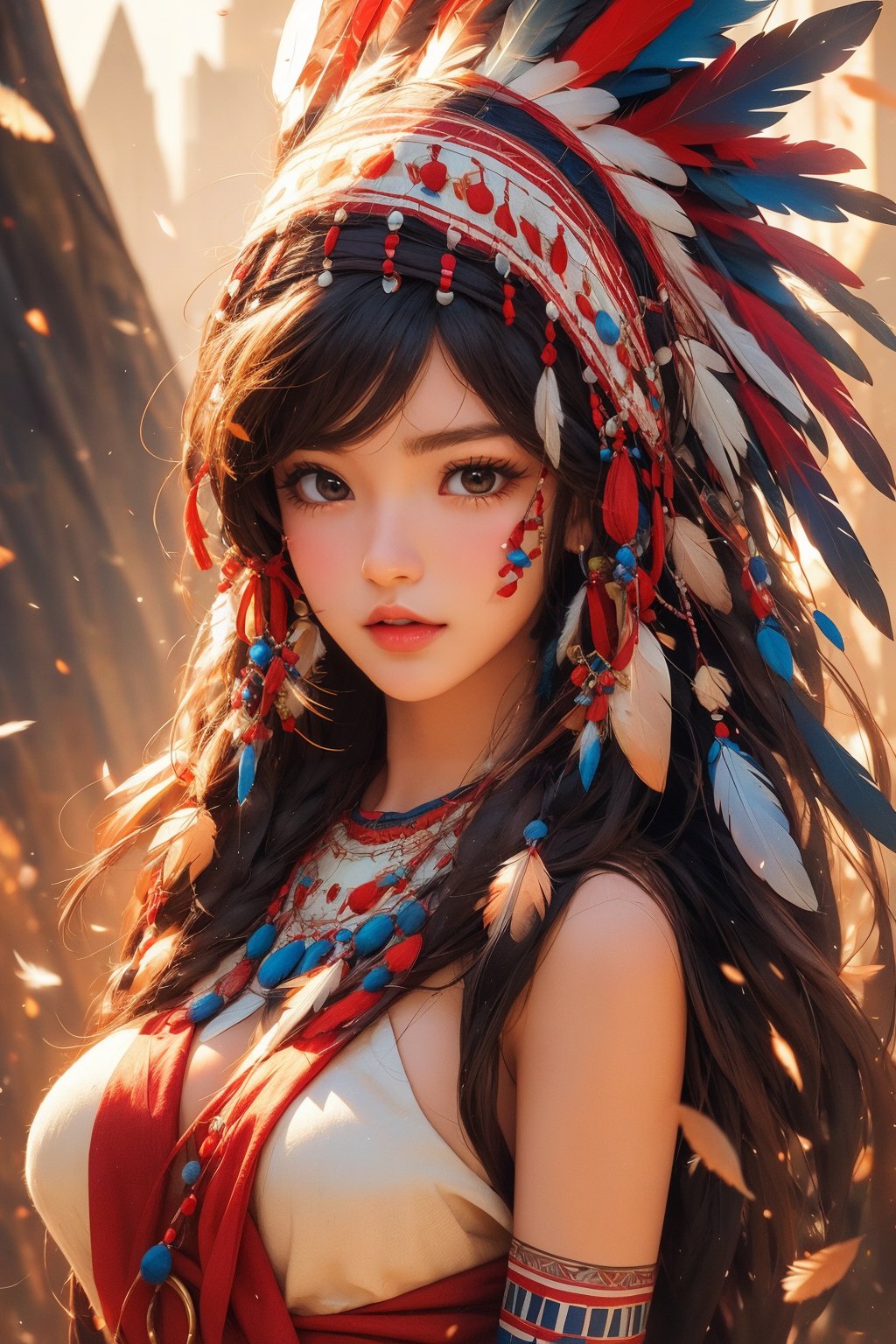 busty and sexy girl, 8k, masterpiece, ultra-realistic, best quality, high resolution, high definition, Tribal girl, feather headdress,TG
