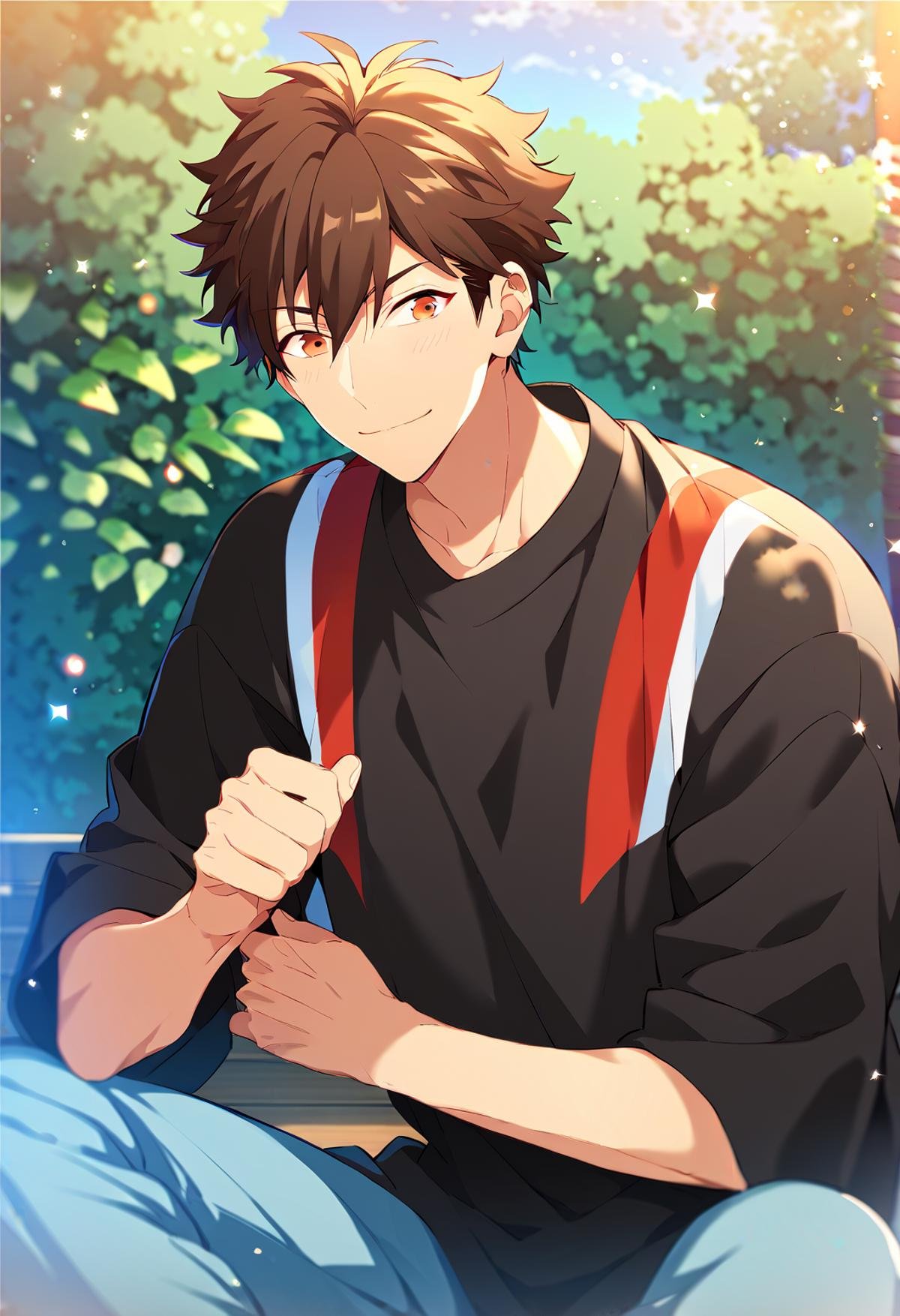 score_9_up, score_8_up, score_7_up, score_6_up, score_5_up, score_4_up, best quality, amazing quality, best aesthetic, absurdres, cute, solo,chiaki morisawa, brown eyes, brown hair, black shirt with red and white stripe, blue pants<lora:EMS-358184-EMS:1.000000>