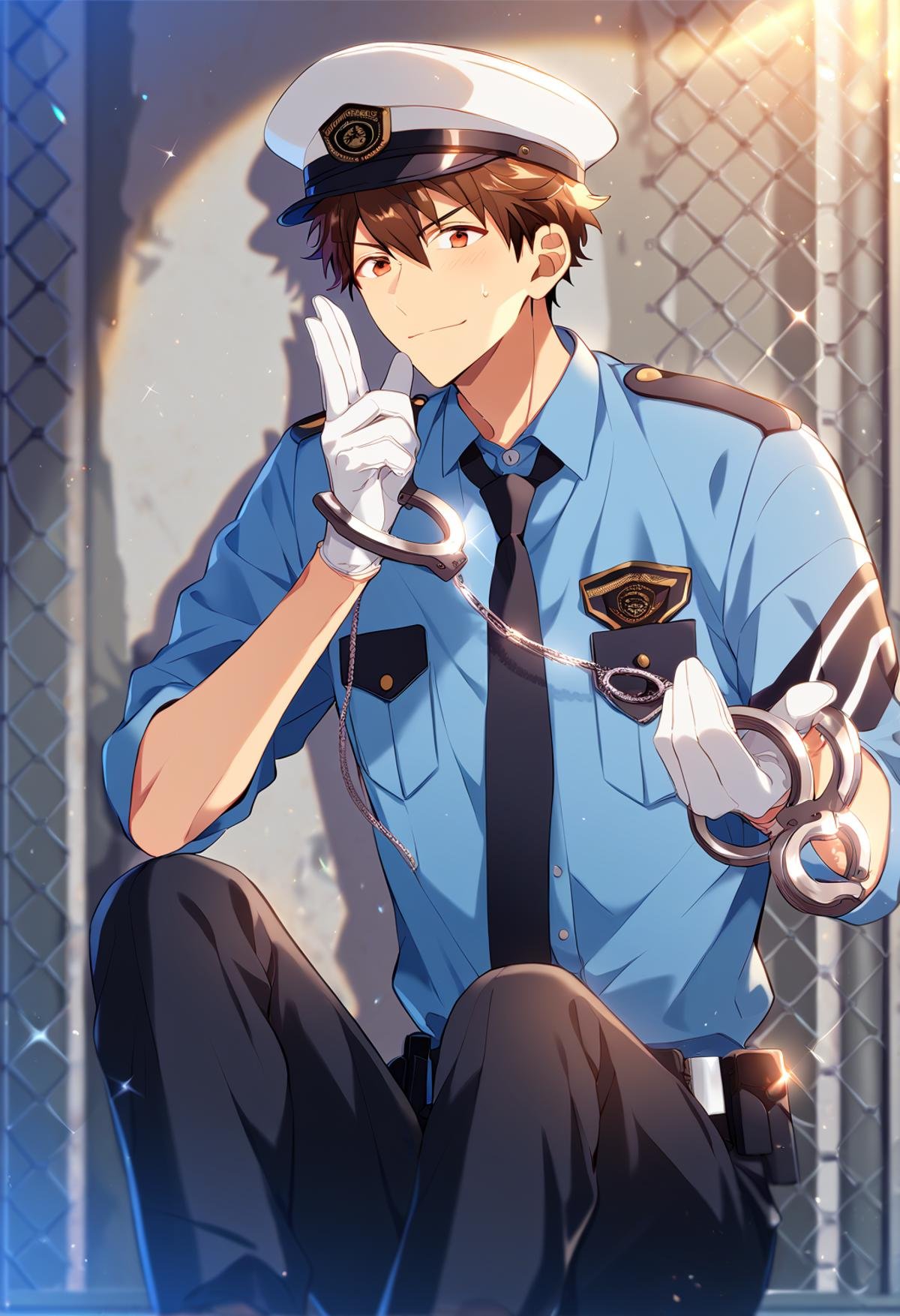 score_9, score_8_up, score_7_up, score_6_up, score_5_up, score_4_up, best quality, amazing quality, best aesthetic, absurdres, solo,chiaki morisawa, brown eyes, brown hair, police outfit, white hat, blue jacket, black pants, black necktie, white gloves, handcuffs<lora:EMS-358184-EMS:1.000000>