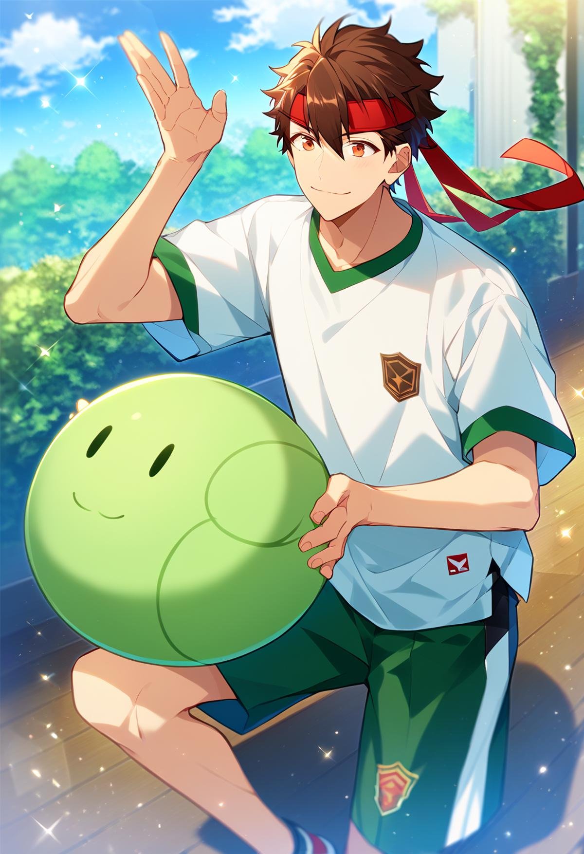 s(zPDXL), core_9_up, score_8_up, score_7_up, score_6_up, score_5_up, score_4_up, best quality, amazing quality, best aesthetic, absurdres, cute, solochiaki morisawa, brown eyes, brown hair, green with white shirt, black with green shorts, red headband<lora:EMS-358184-EMS:1.000000>