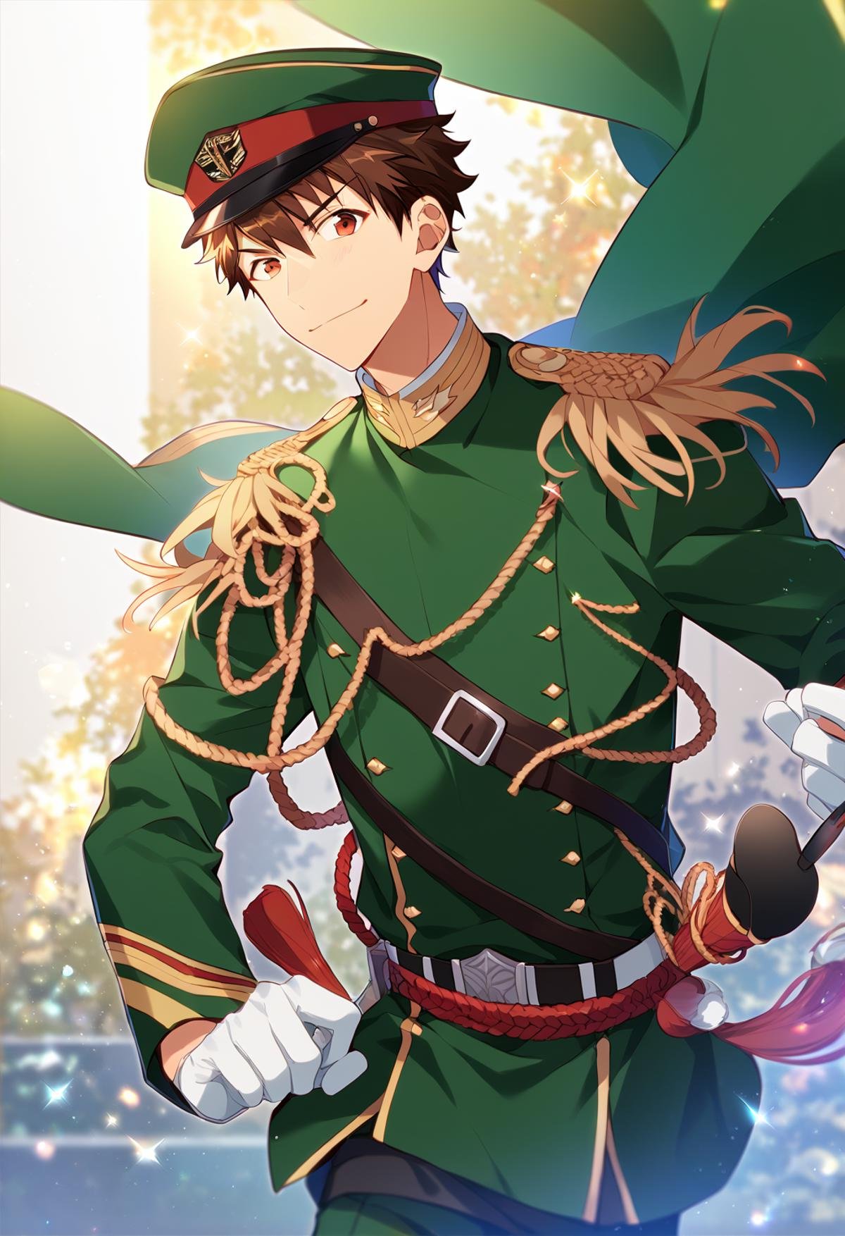 s(zPDXL), core_9_up, score_8_up, score_7_up, score_6_up, score_5_up, score_4_up, best quality, amazing quality, best aesthetic, absurdres, cute, solo,chiaki morisawa, brown eyes, brown hair, military uniform, green jacket, green pants, green cape, belt, green hat<lora:EMS-358184-EMS:1.000000>